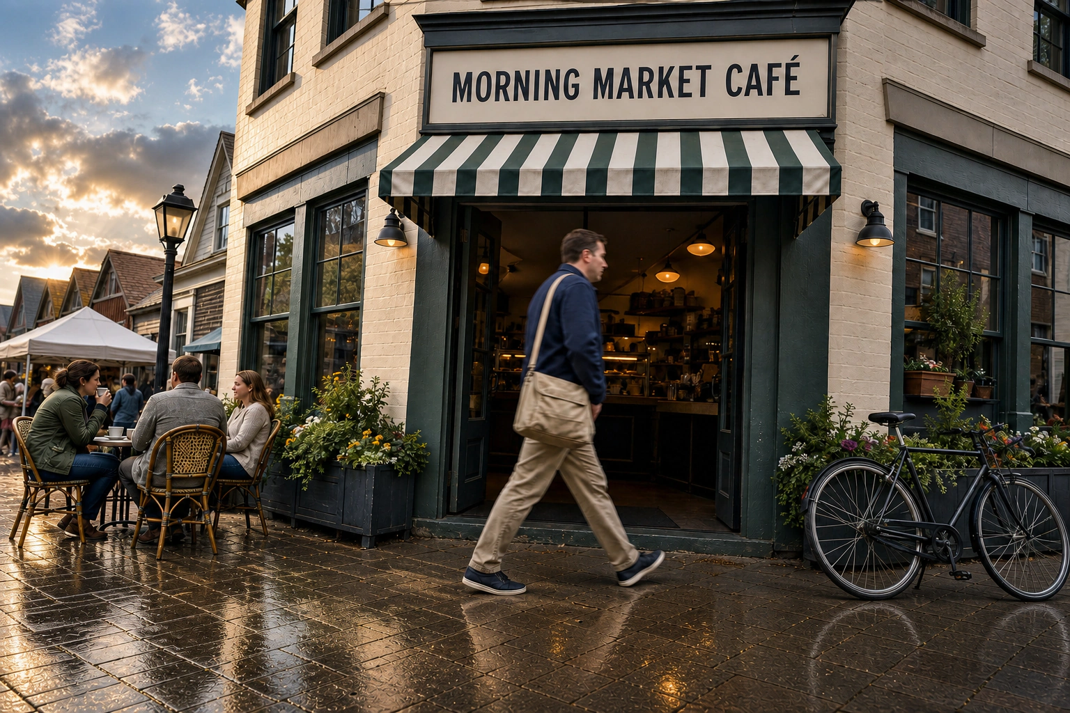 GPT Image 2 image editing prompt result changing a synthetic market street to post-rain sunbreak weather