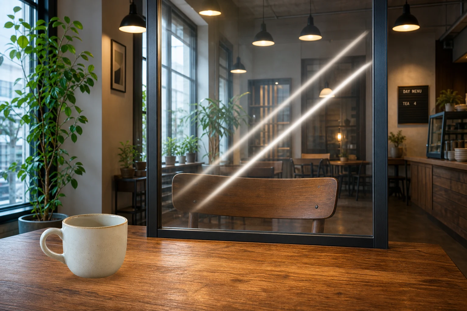 Synthetic café interior input with bright reflection streaks on a glass partition