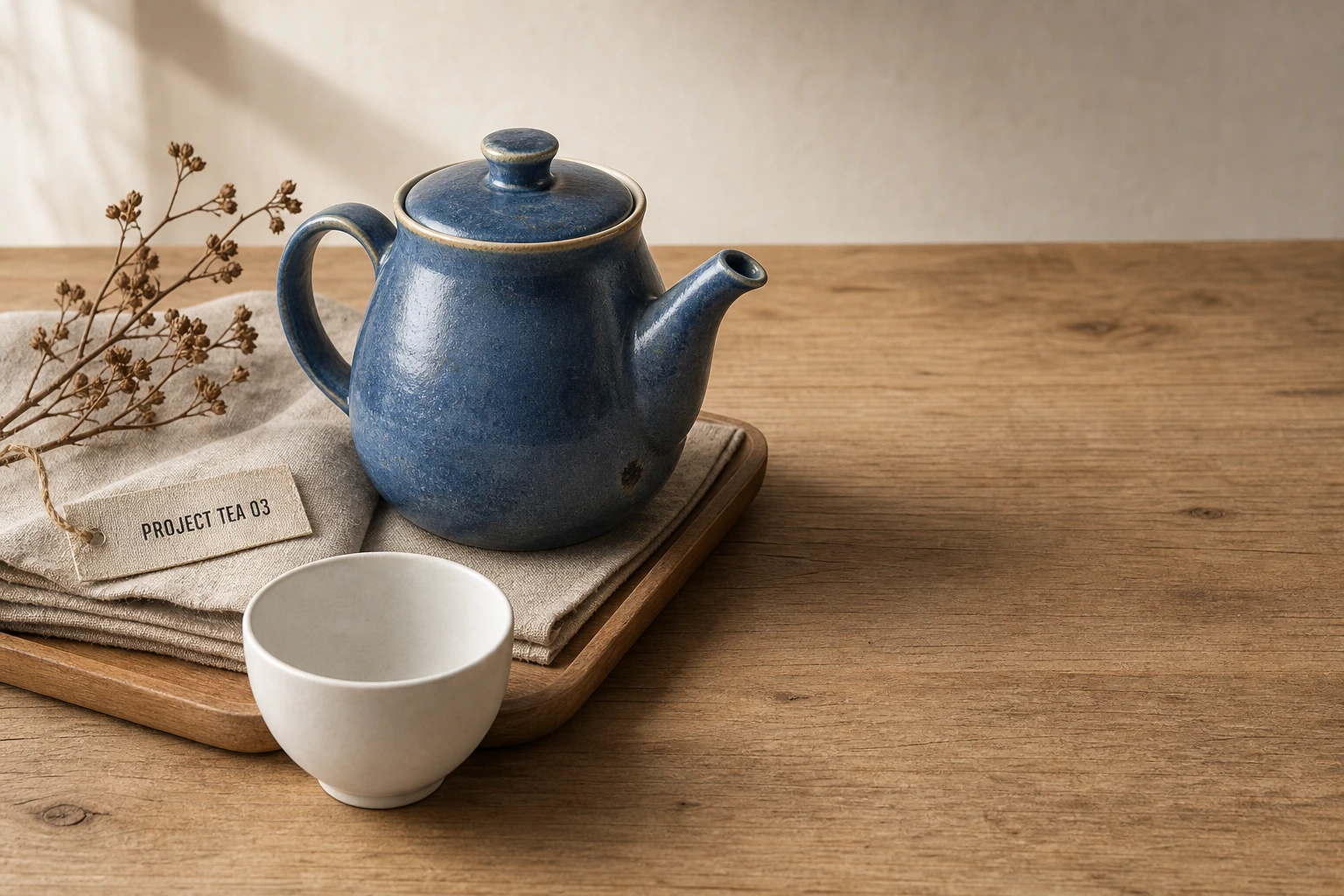 Synthetic product still life input with a fictional tag reading PROJECT TEA O3