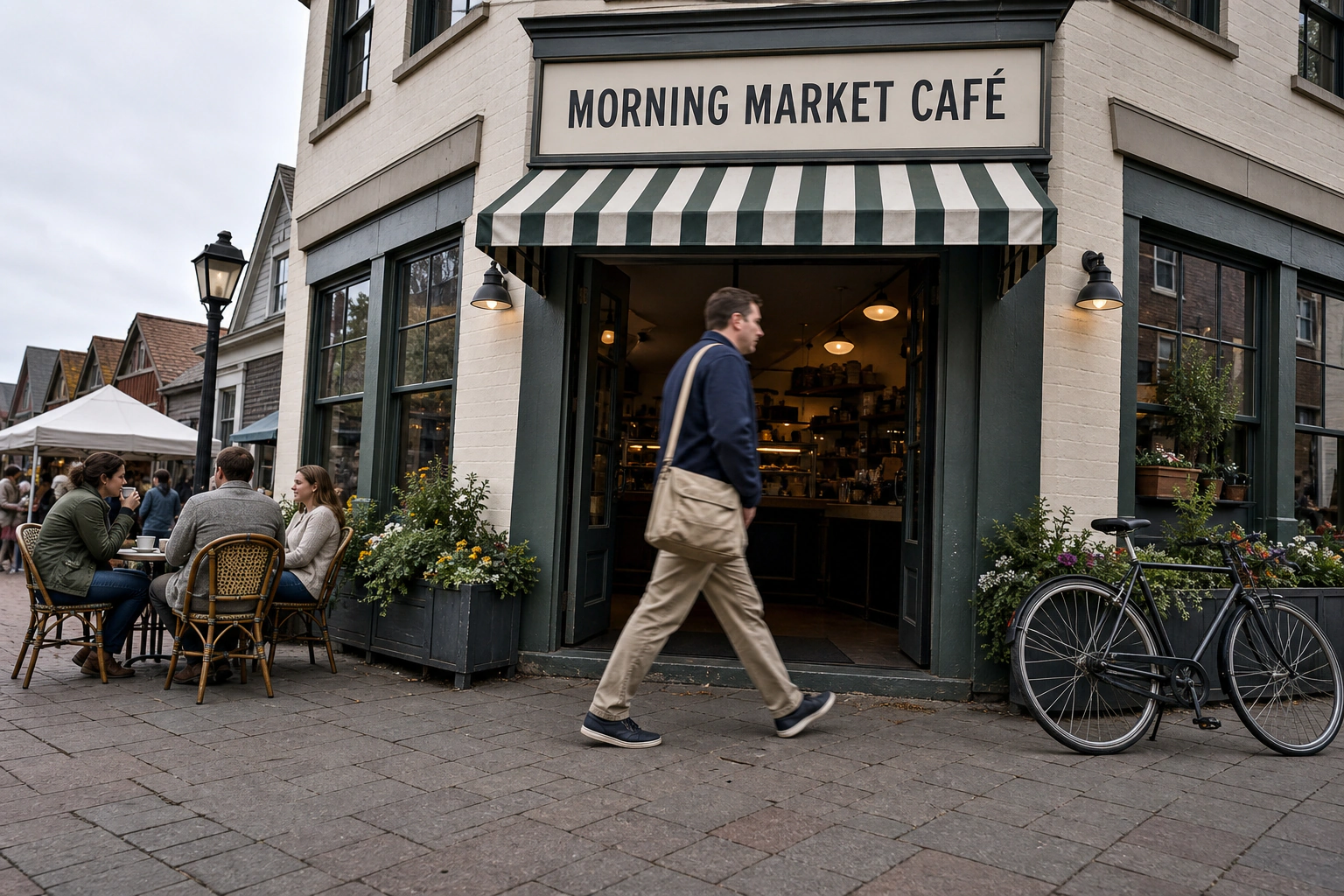Synthetic market street input with a passerby crossing the café entrance