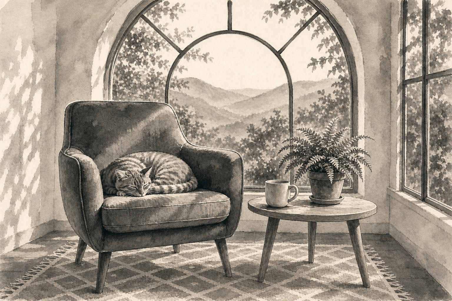 GPT Image 2 photo style transfer result showing the sunroom in monochrome ink wash