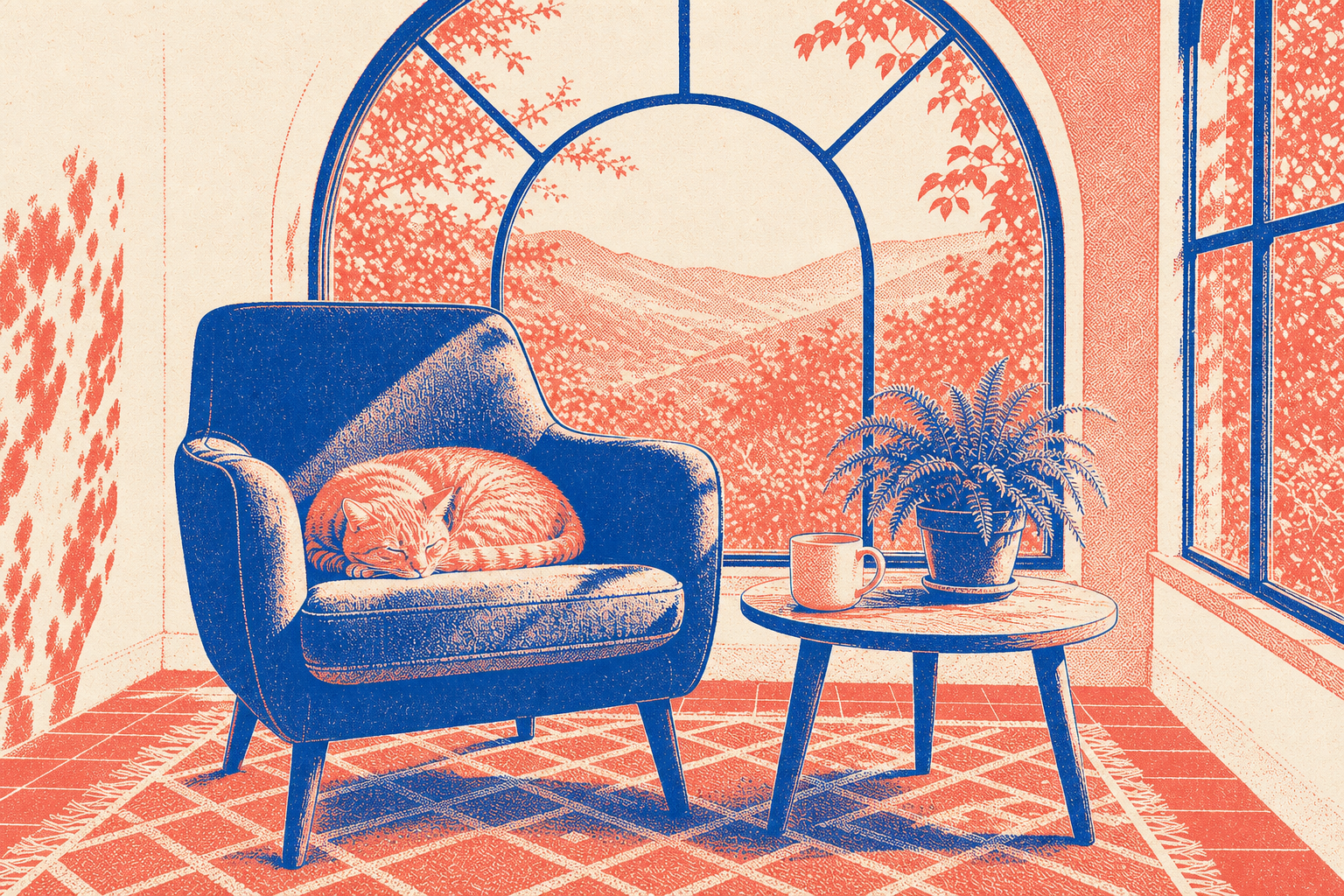 GPT Image 2 art style prompt result showing a two-color stencil print sunroom