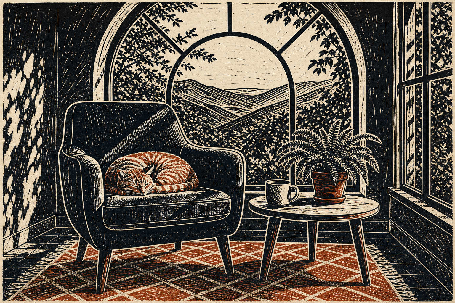 GPT Image 2 printmaking prompt result showing a hand-carved linocut sunroom