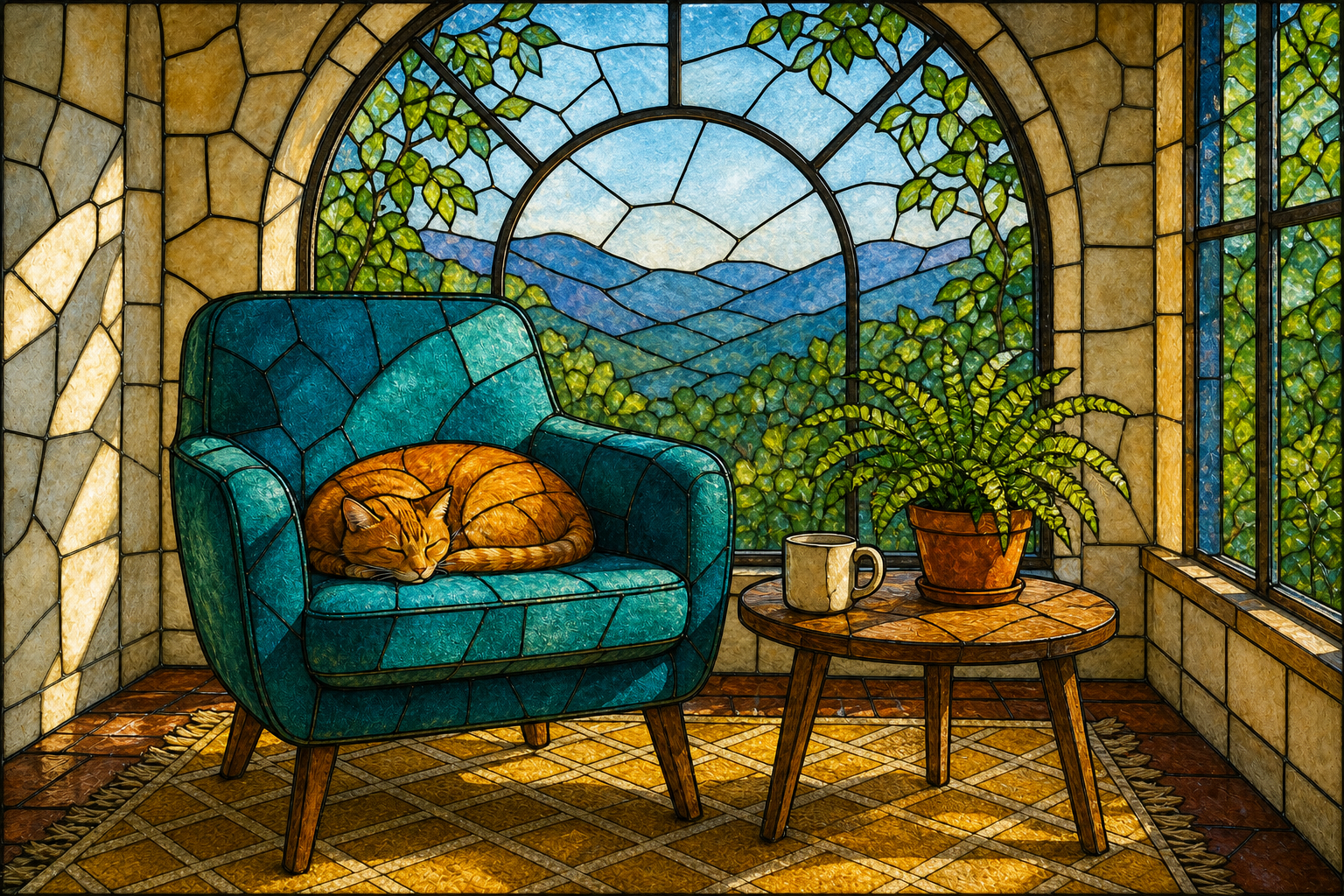 GPT Image 2 style transfer example showing the sunroom as a stained-glass mosaic