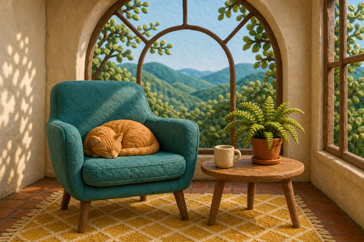 GPT Image 2 photo style transfer result showing a clay stop-motion sunroom miniature
