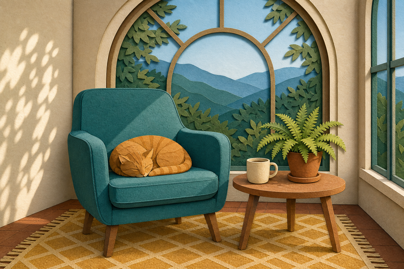 GPT Image 2 art style prompt result showing the sunroom as layered paper cut art