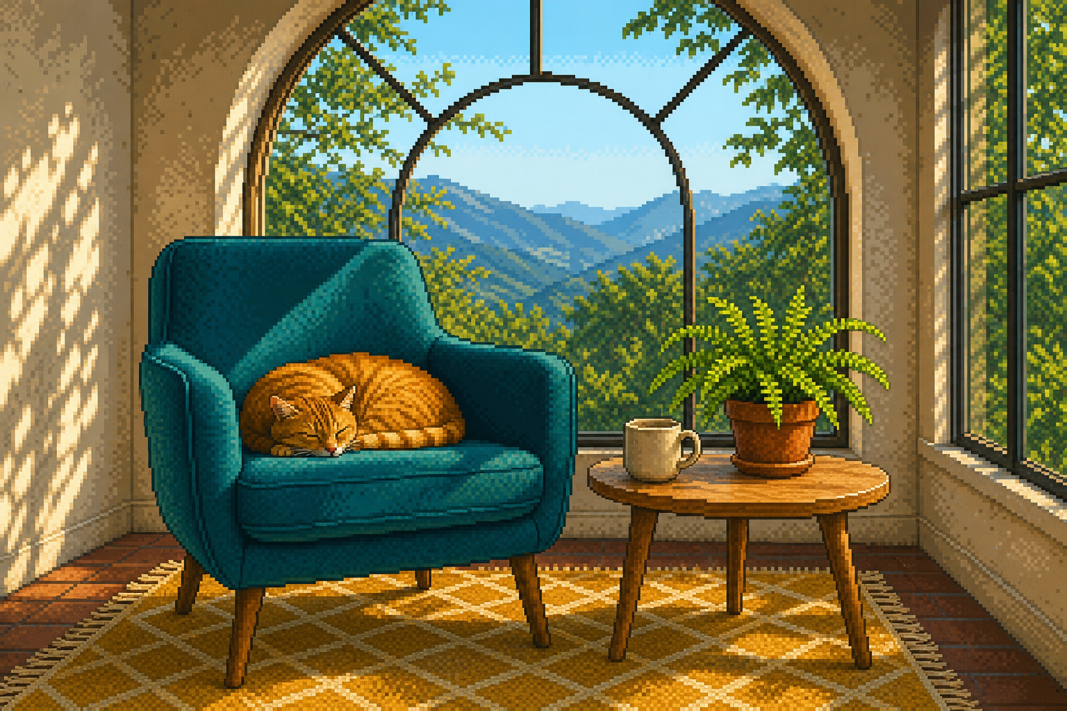 GPT Image 2 style transfer result showing the sunroom as crisp 16-bit pixel art