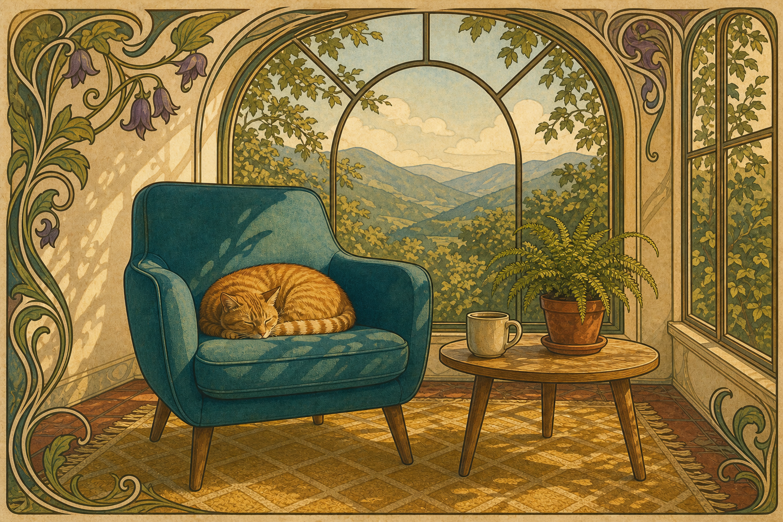 GPT Image 2 art style prompt result showing an Art Nouveau botanical sunroom illustration