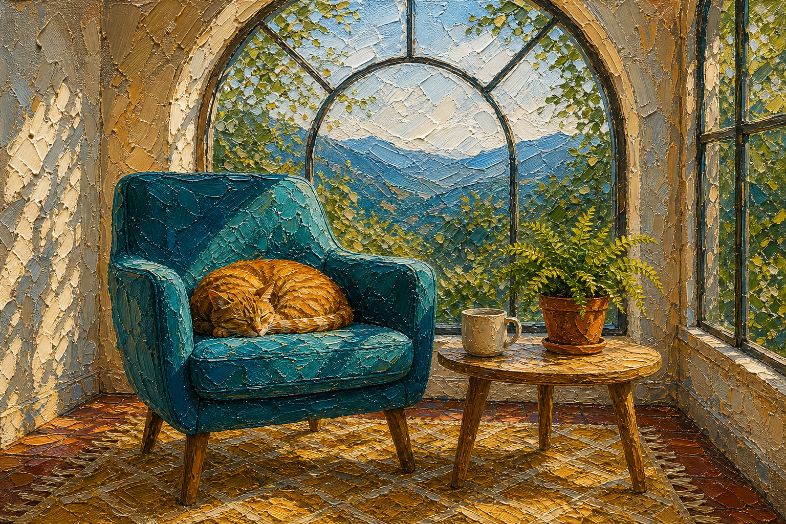 GPT Image 2 style transfer example showing the sunroom as a thick impasto oil painting