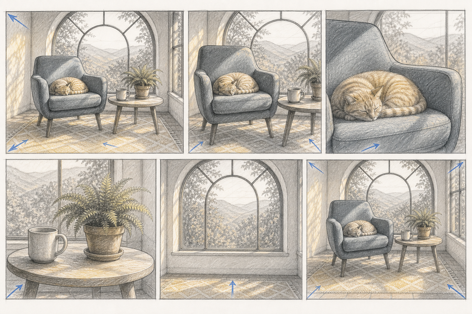 GPT Image 2 style transfer result showing a six-frame pencil storyboard of the sunroom