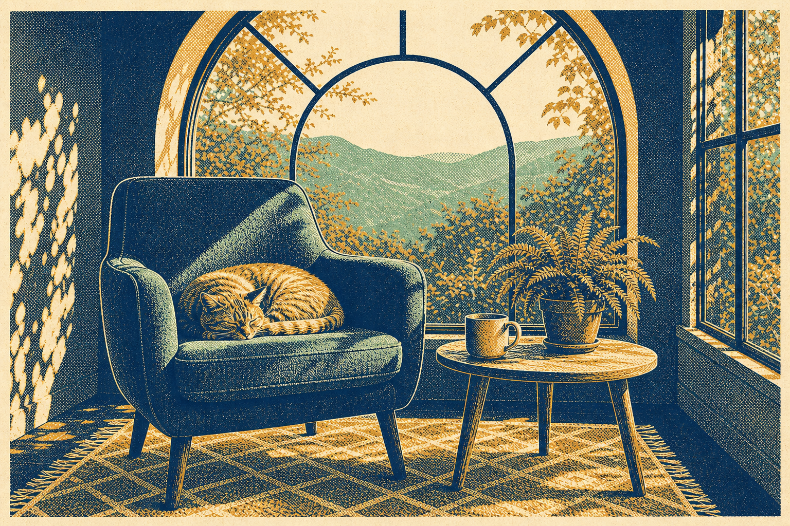 GPT Image 2 printmaking prompt result showing a three-color screen-print sunroom