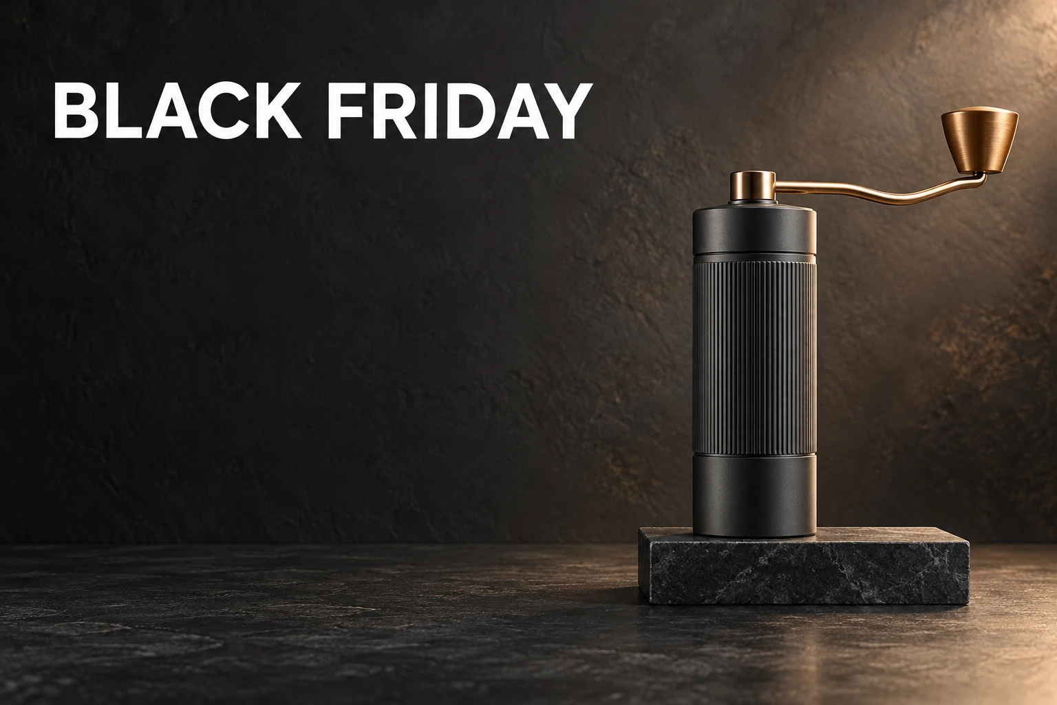 AI Black Friday product ad prompts example with a charcoal grinder and clear left-side offer space
