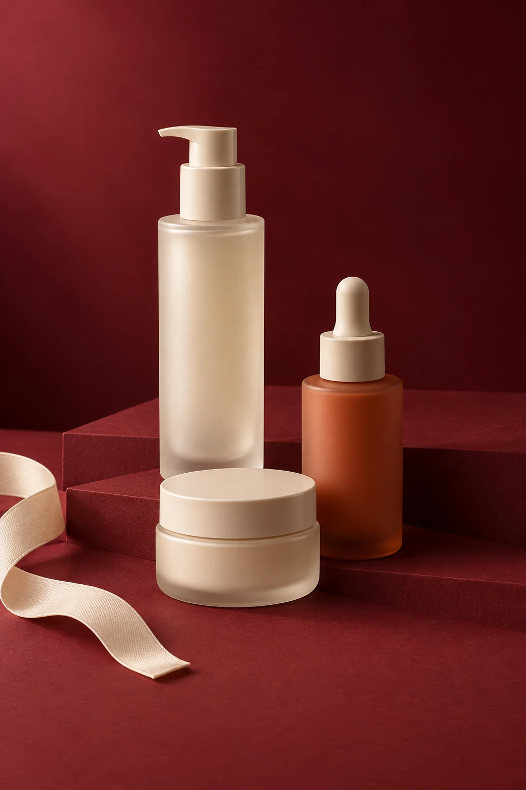 AI Black Friday product ad prompts example with three skincare containers and burgundy copy space