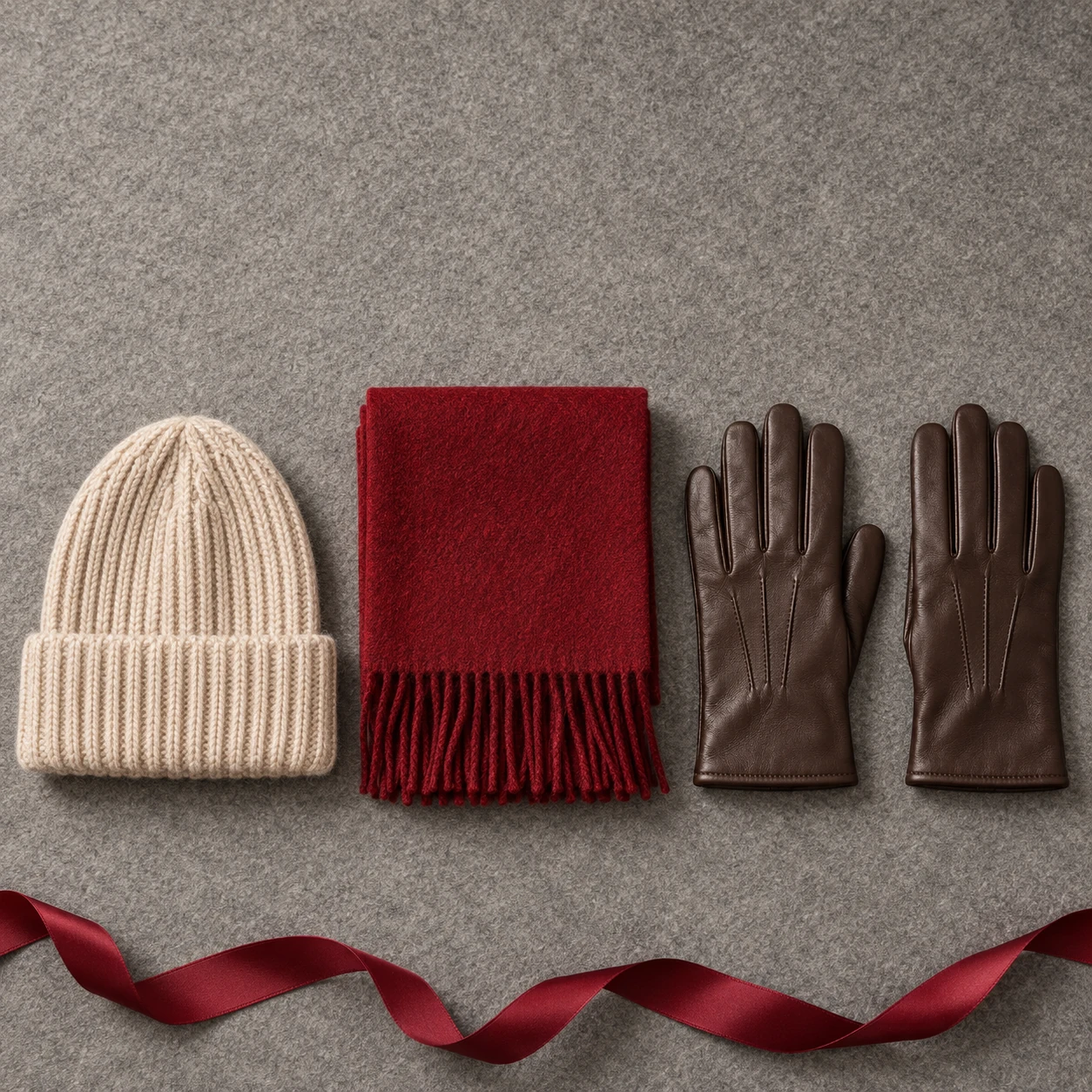 AI Black Friday product ad prompts example with a beanie, scarf, and two separate gloves on gray felt