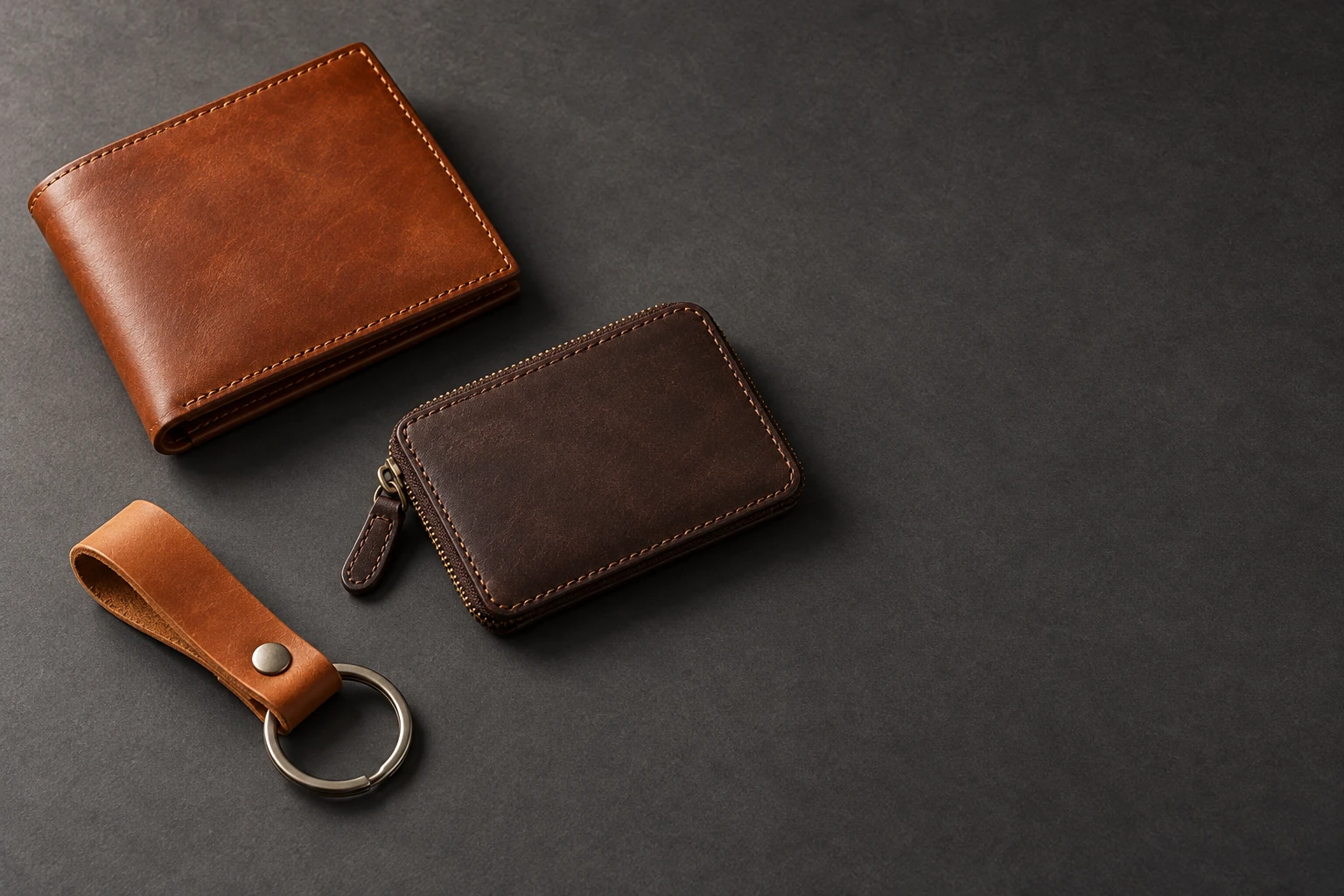 AI Black Friday product ad prompts example with three leather accessories and empty right-side space