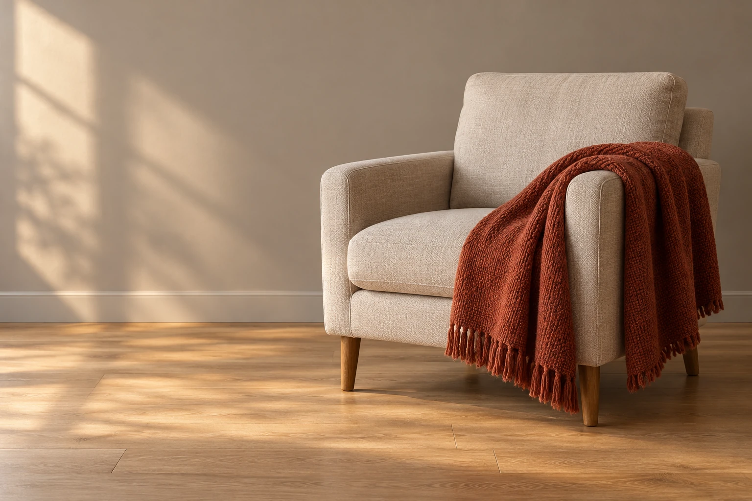 AI Black Friday product ad prompts example with a rust throw on an armchair and a plain left wall