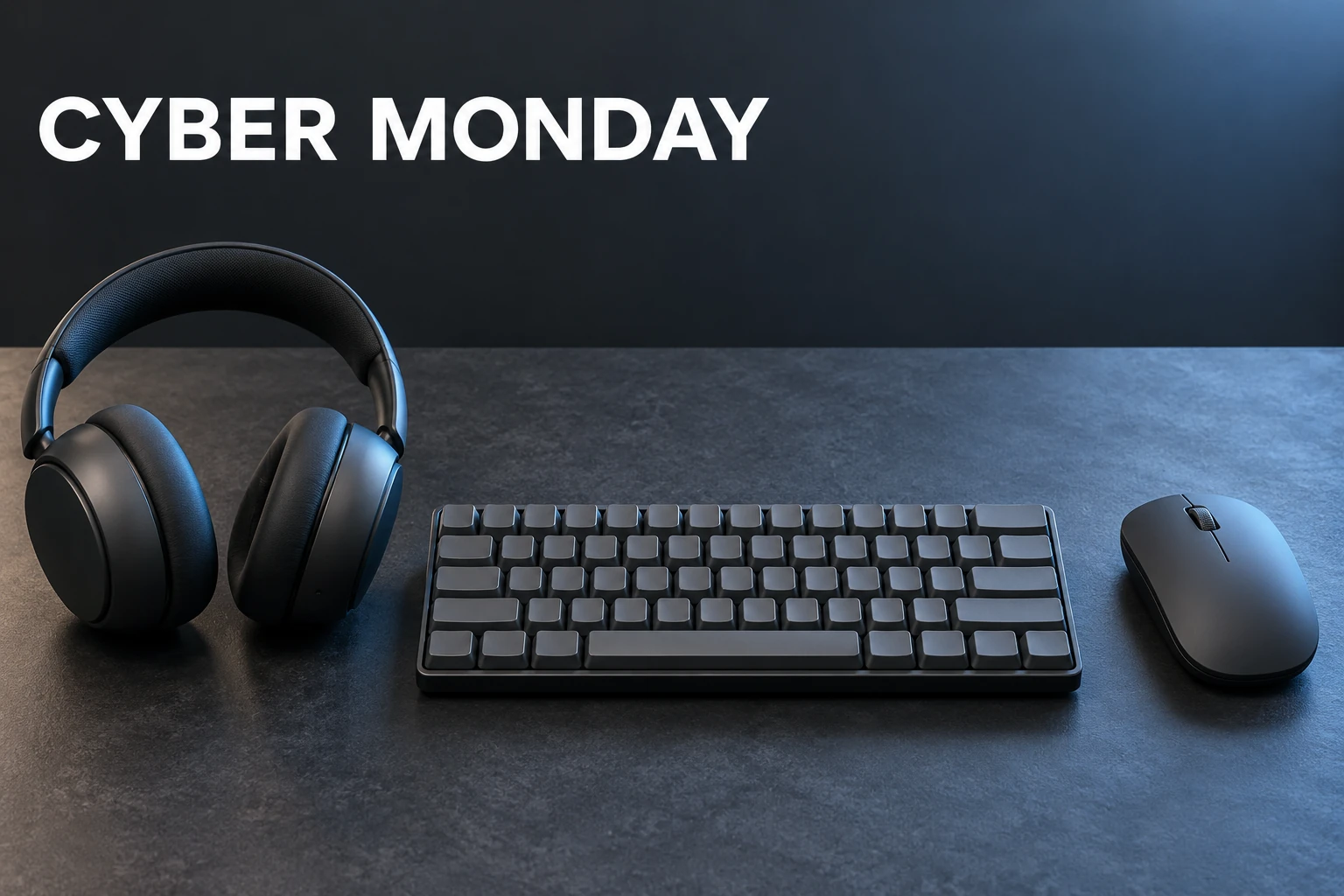 AI Black Friday product ad prompts example showing a Cyber Monday desktop-accessory arrangement