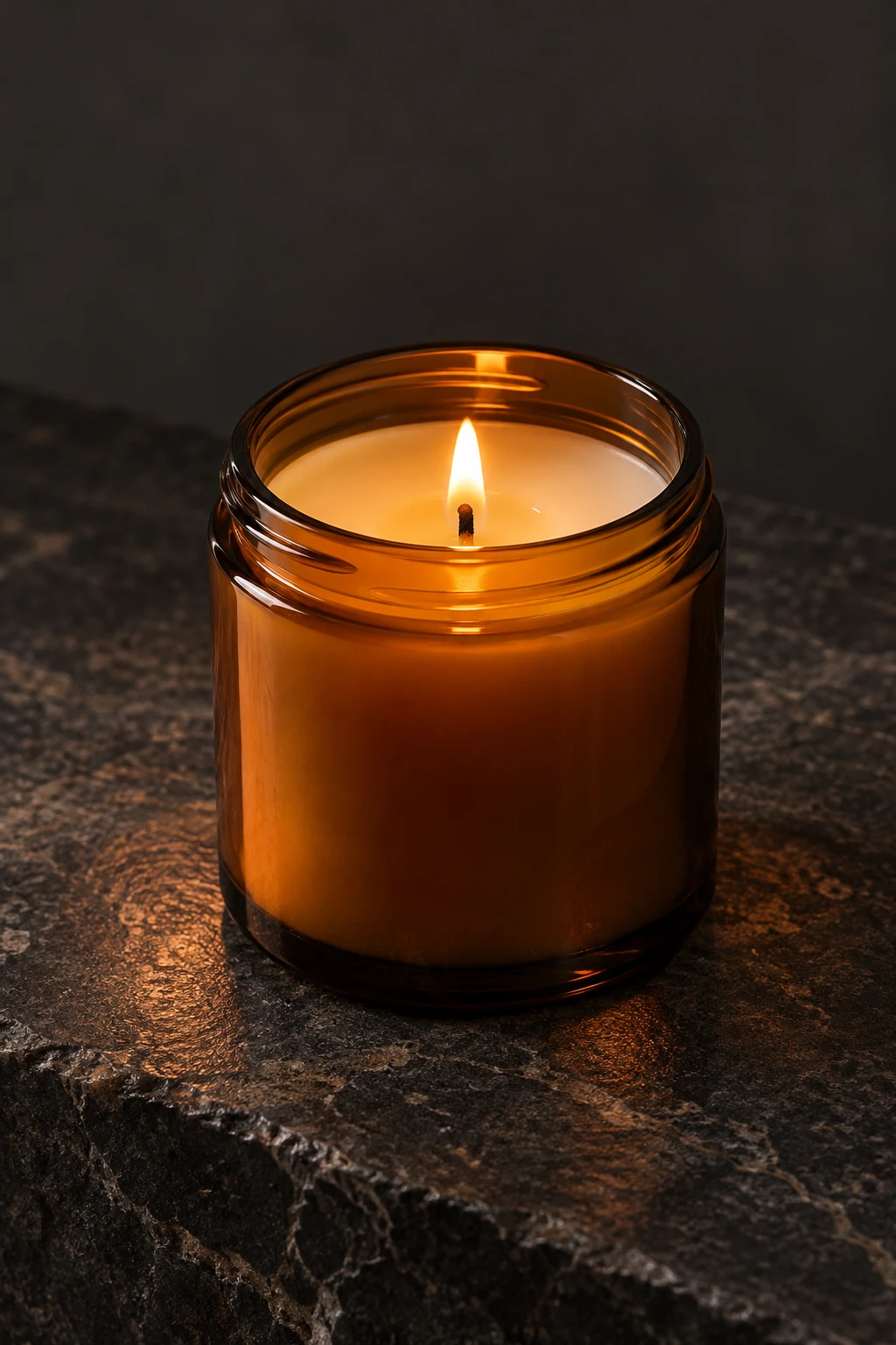 Amber jar, a small flame and dark stone support