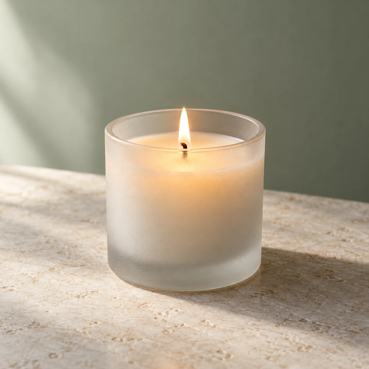 A frosted candle cup against a muted sage background