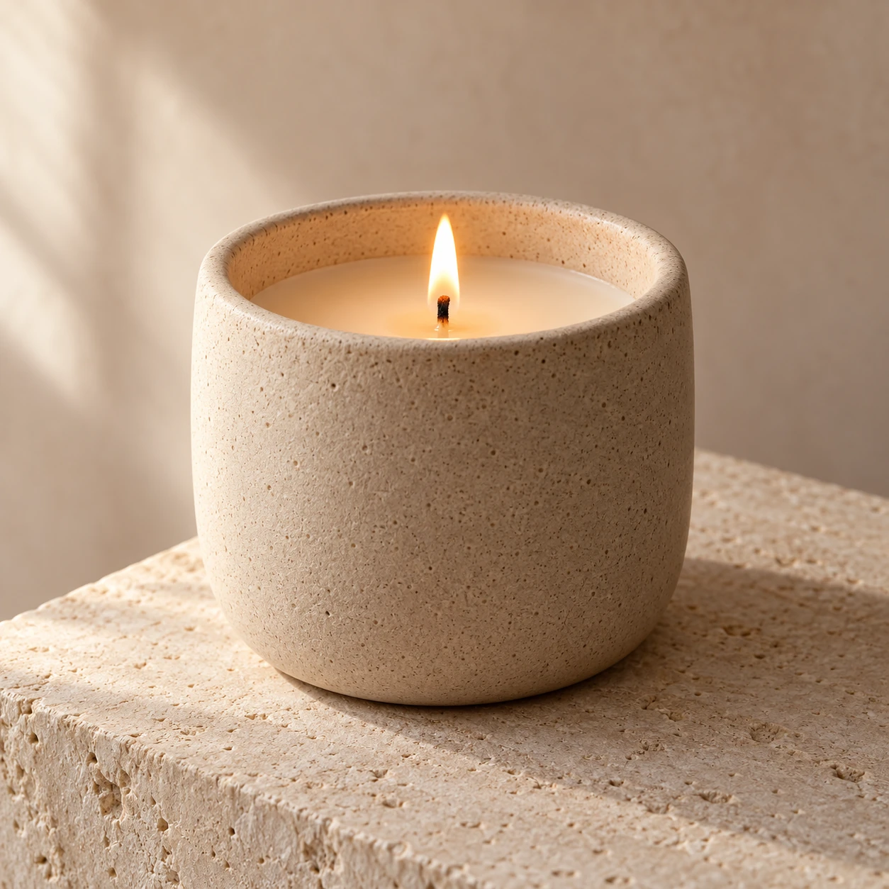 Oatmeal ceramic candle on a pale limestone block