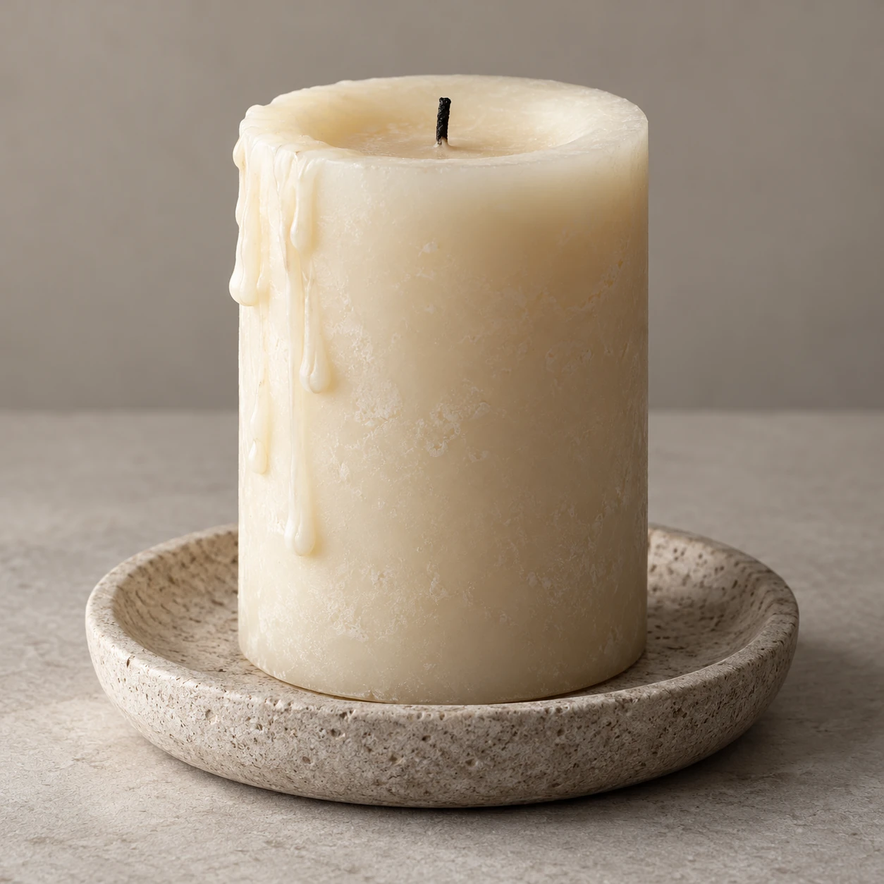 An unlit ivory pillar with cooled wax drips on stone