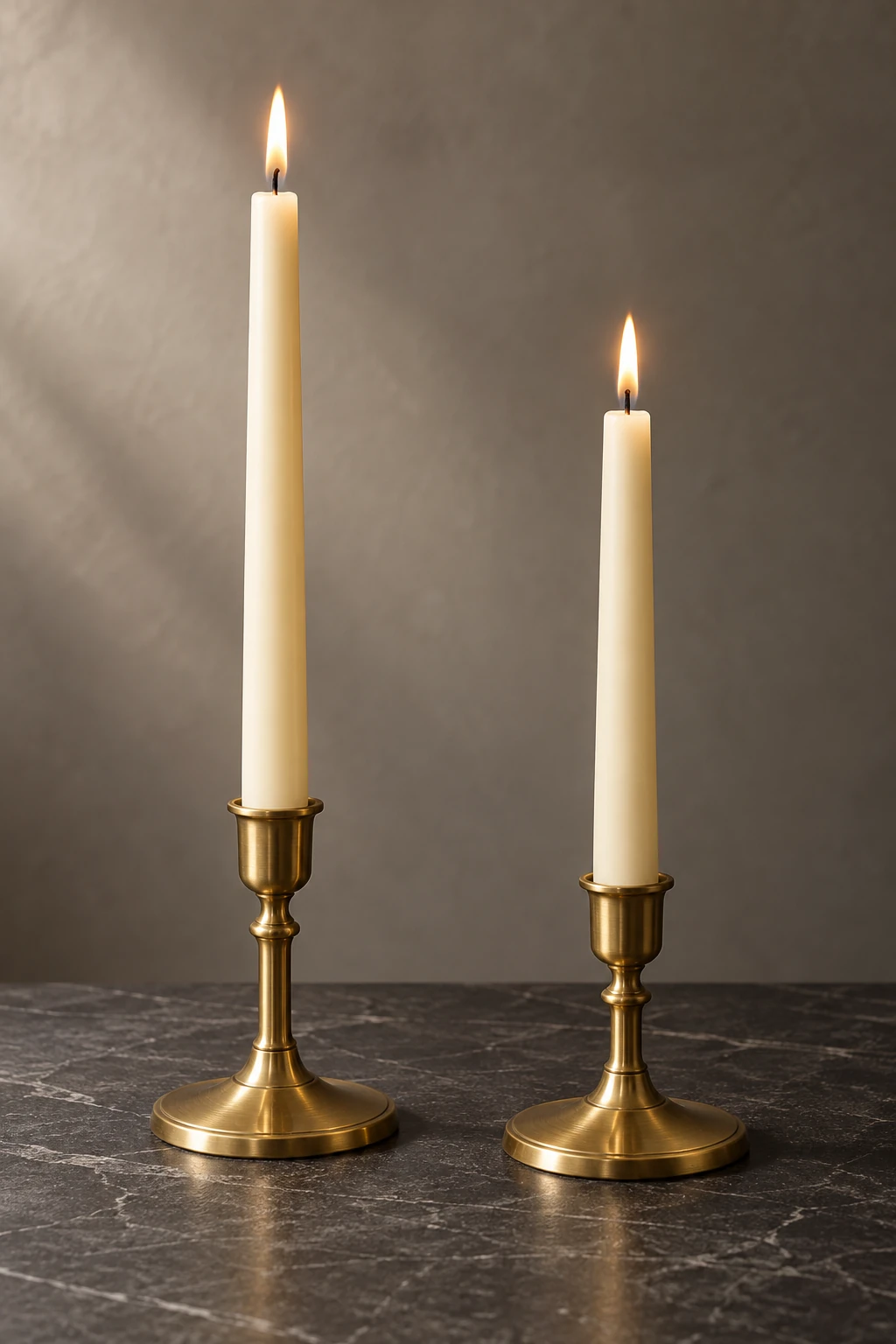 Two ivory tapers in separate complete brass holders