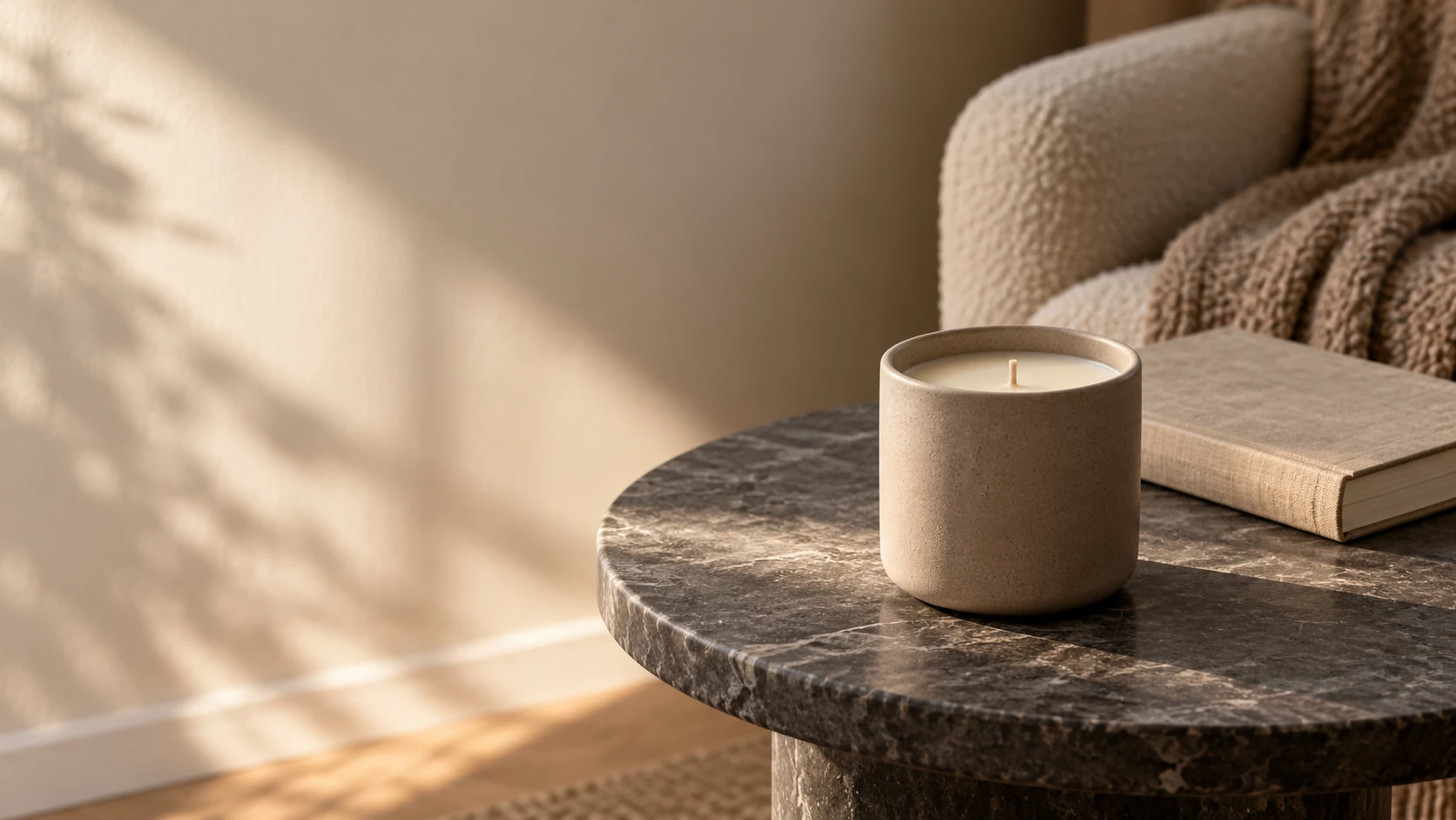 An unlit ceramic candle beside a closed book in a reading nook