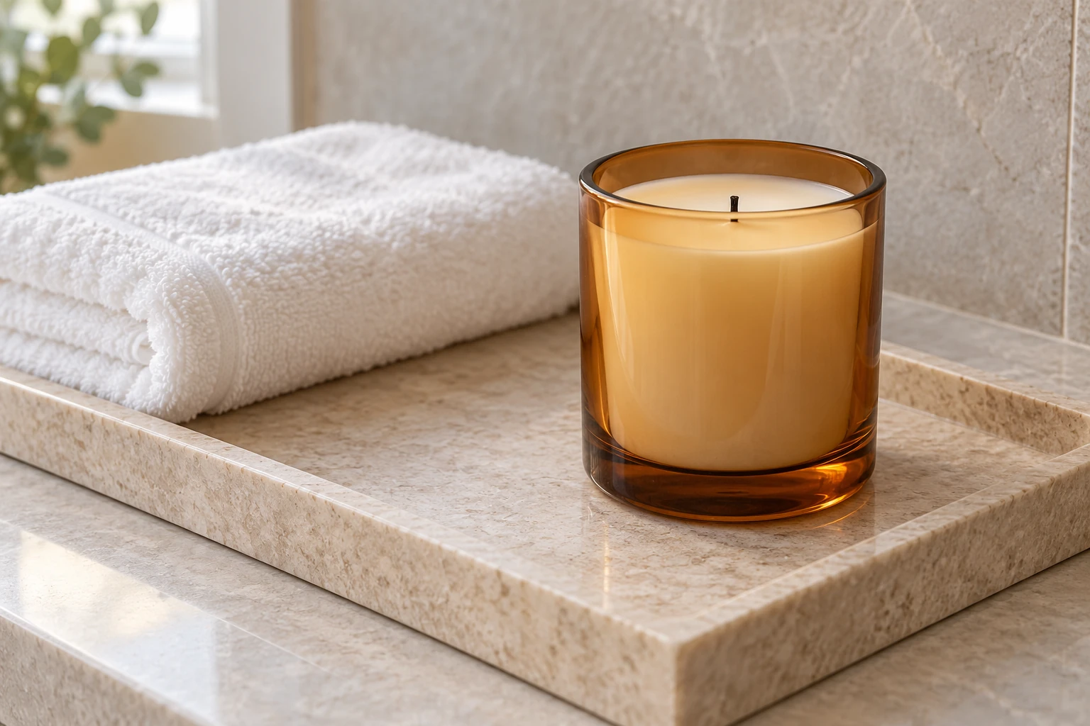 An unlit amber jar on a dry stone tray beside a towel