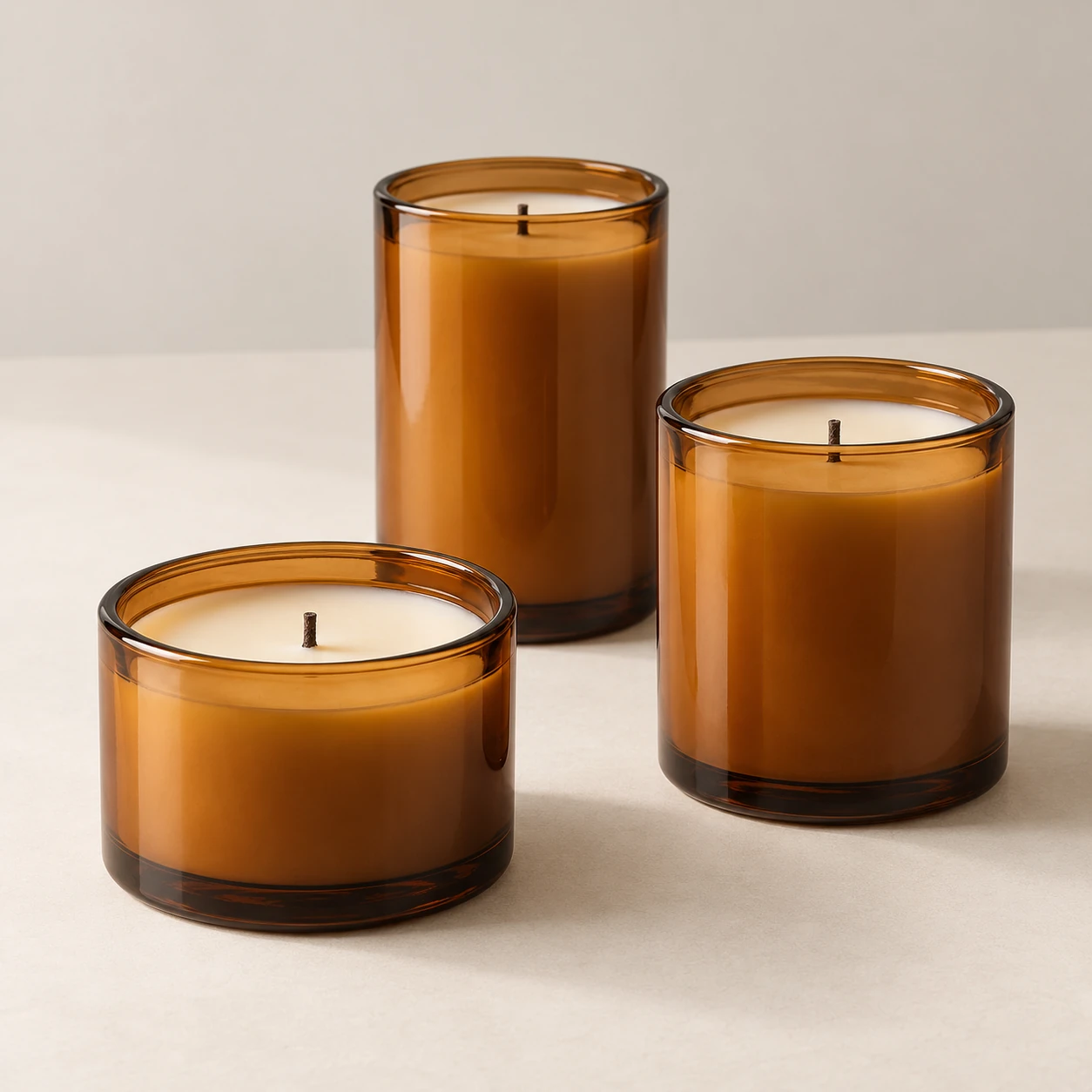Three separate amber candle jars in distinct sizes