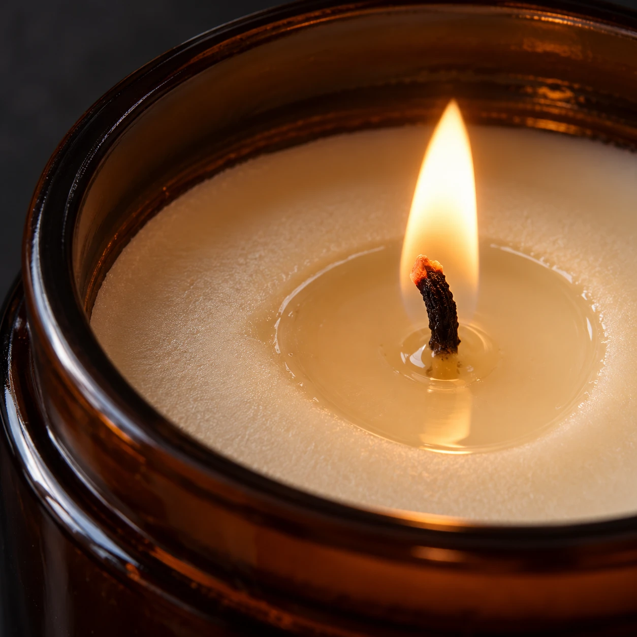 Macro view of one flame, anchored wick and a small wax melt pool