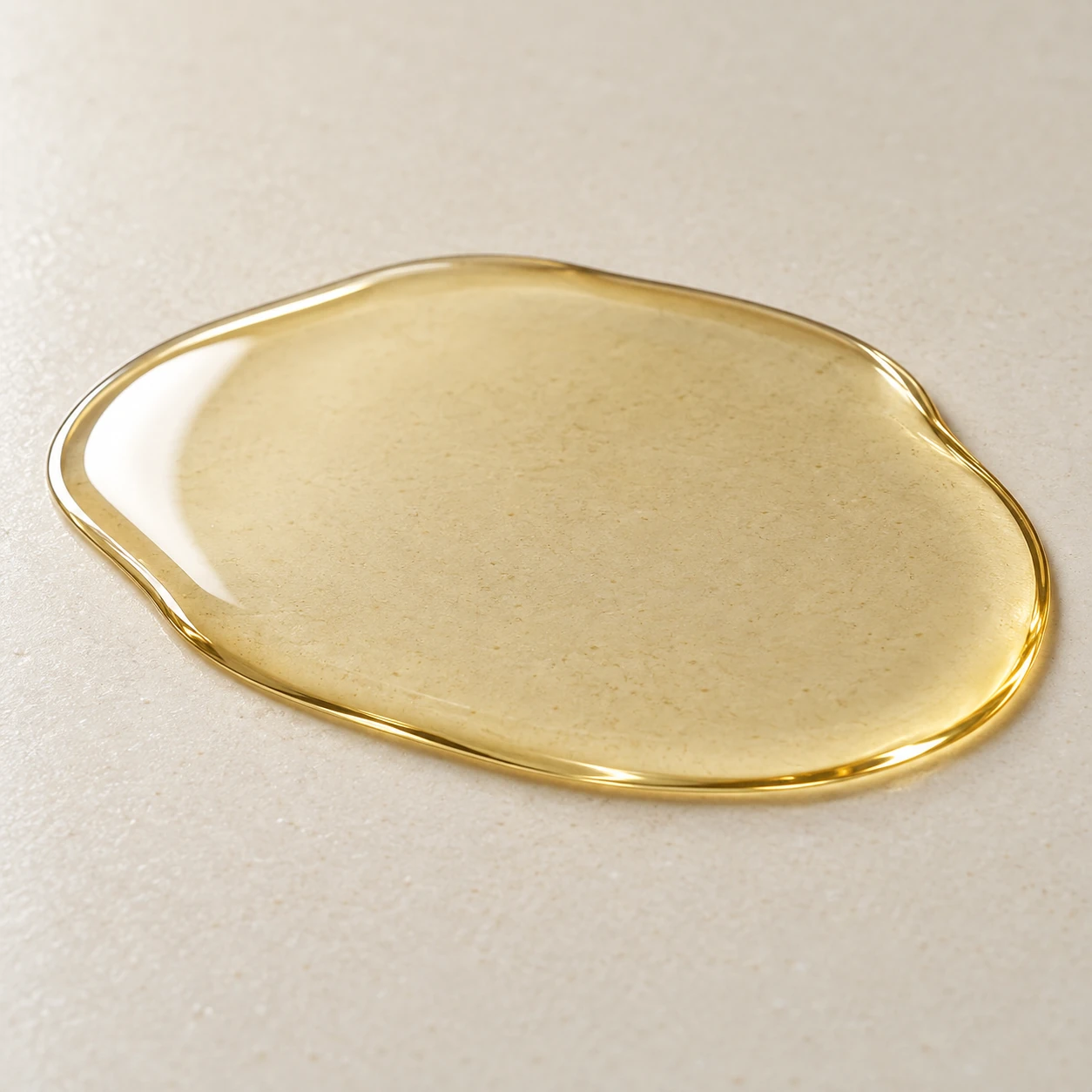Shallow pale facial-oil pool with one continuous boundary and a soft reflection