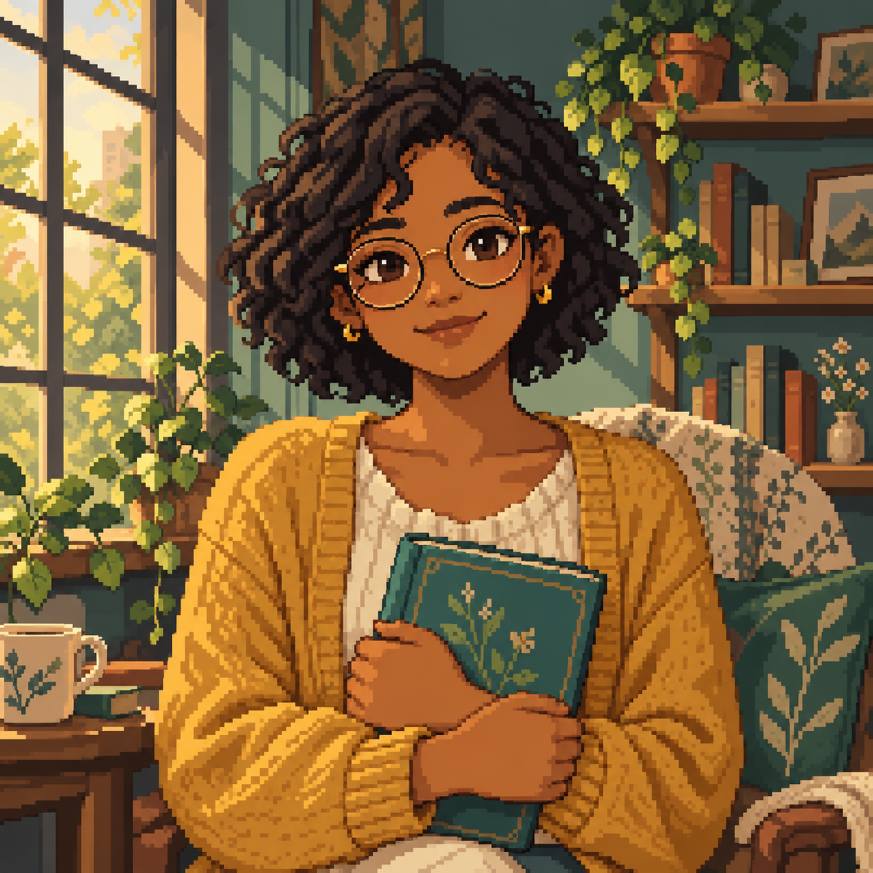 MBTI pixel art avatar: quiet library portrait with one original fictional adult