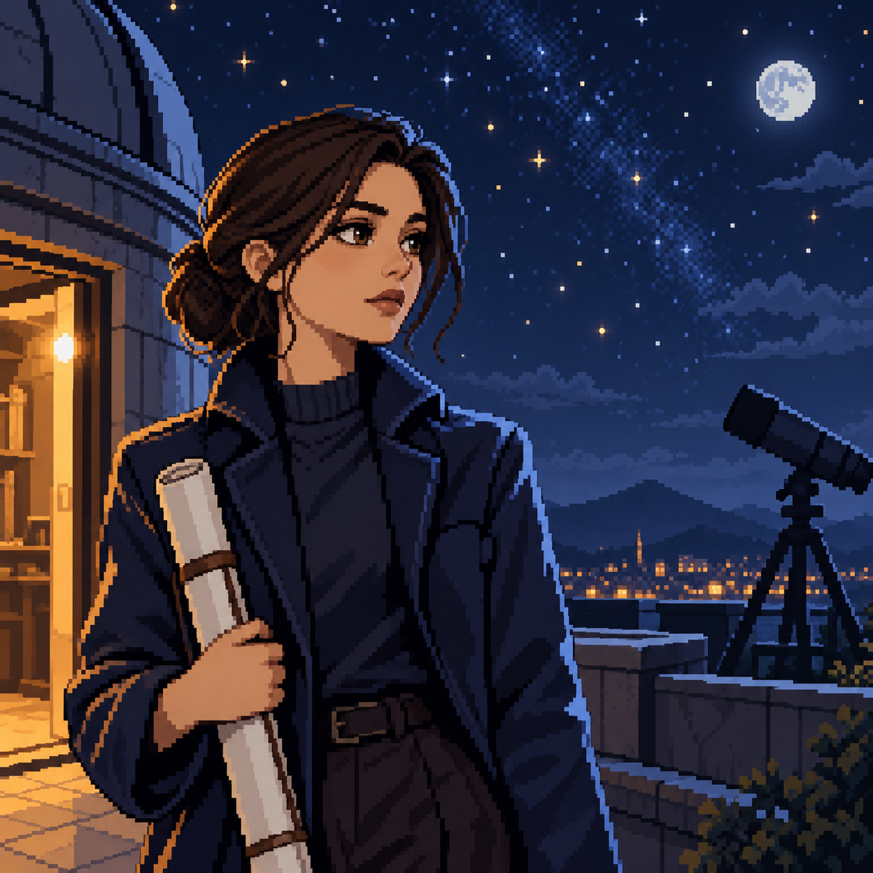 MBTI pixel art avatar: observatory night avatar with one original fictional adult
