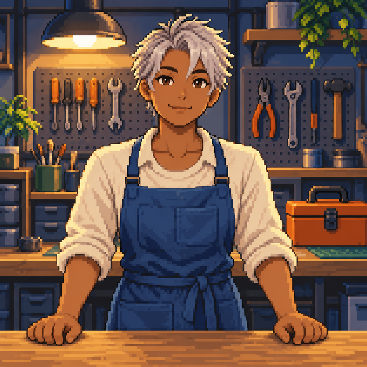MBTI pixel art avatar: workshop maker portrait with one original fictional adult