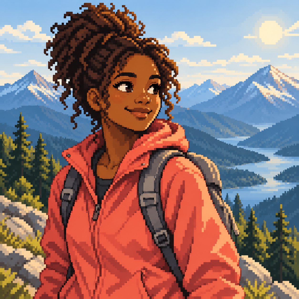 MBTI pixel art avatar: mountain route explorer with one original fictional adult