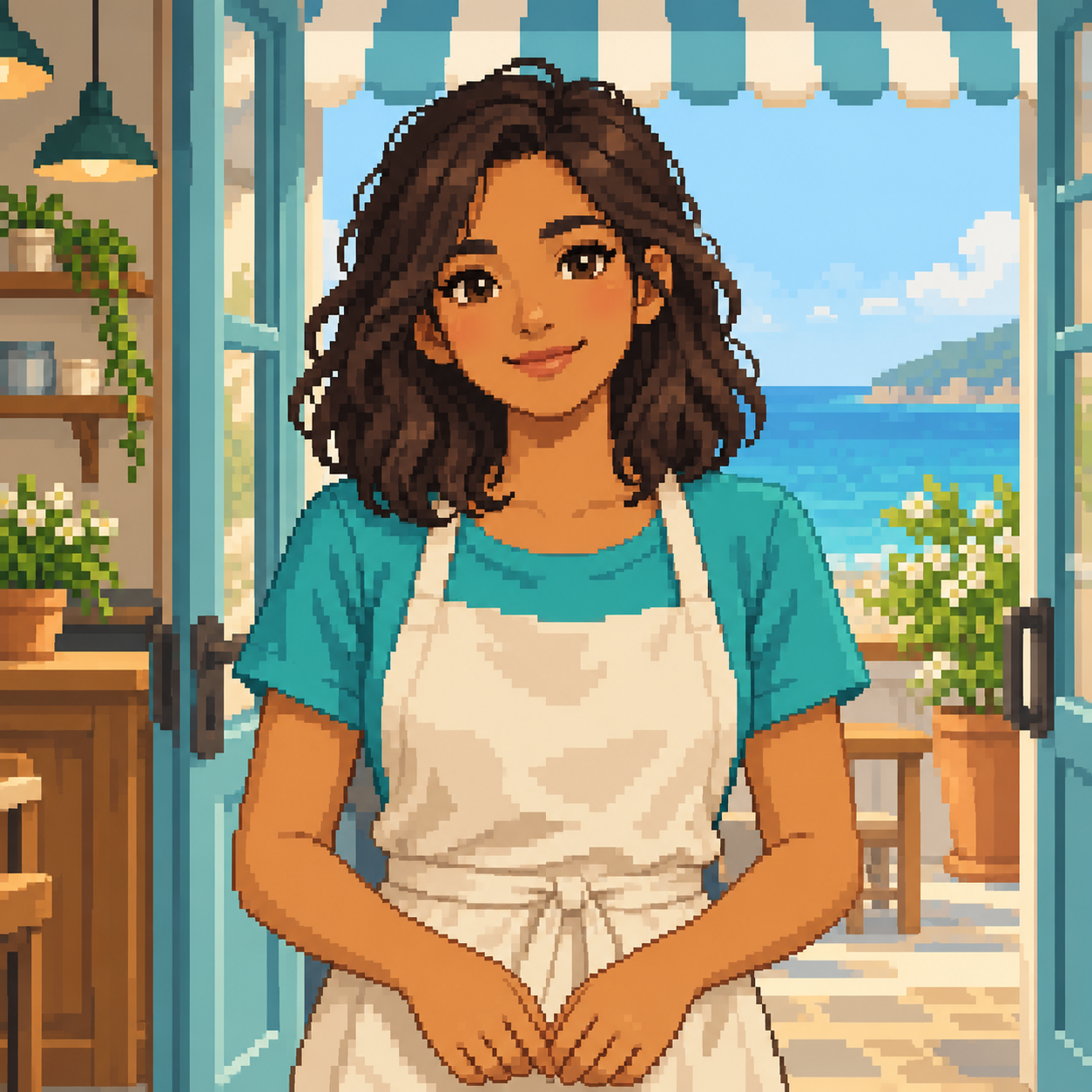 MBTI pixel art avatar: seaside cafe welcome portrait with one original fictional adult