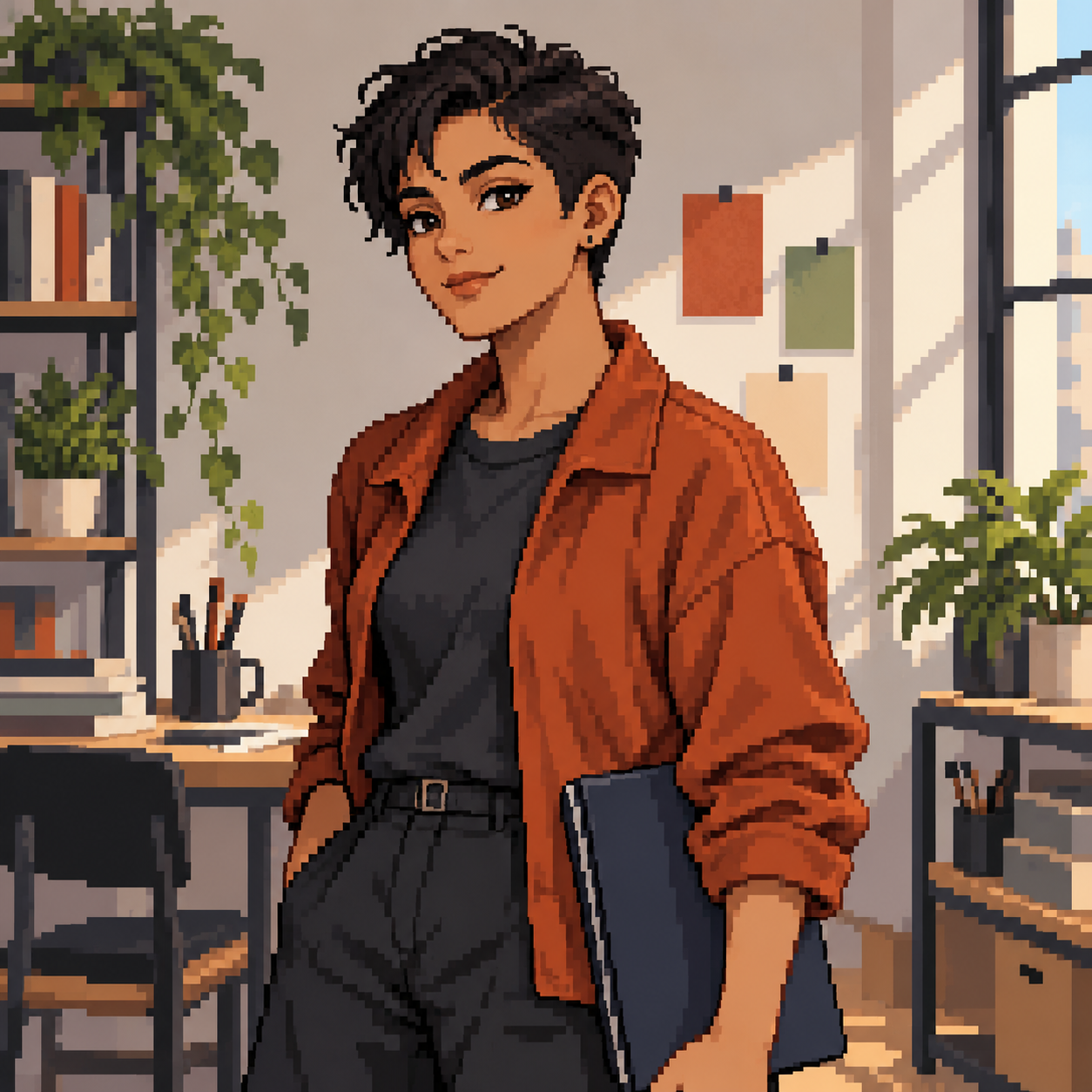 MBTI pixel art avatar: creative studio planner with one original fictional adult