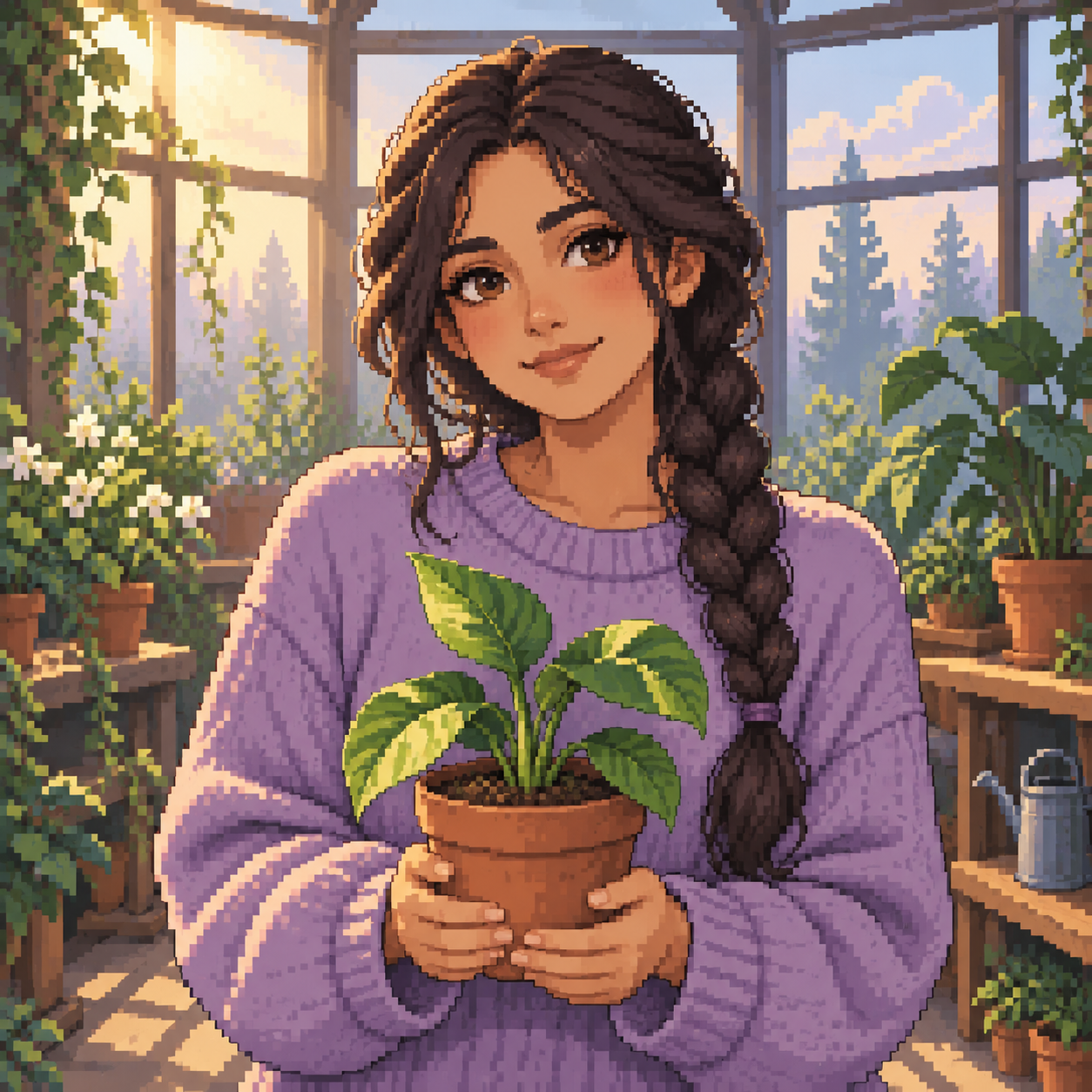 MBTI pixel art avatar: greenhouse caretaker portrait with one original fictional adult
