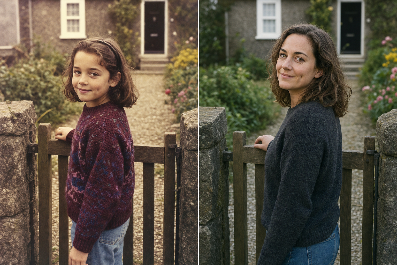 Childhood and adulthood then and now photo at the same garden gate
