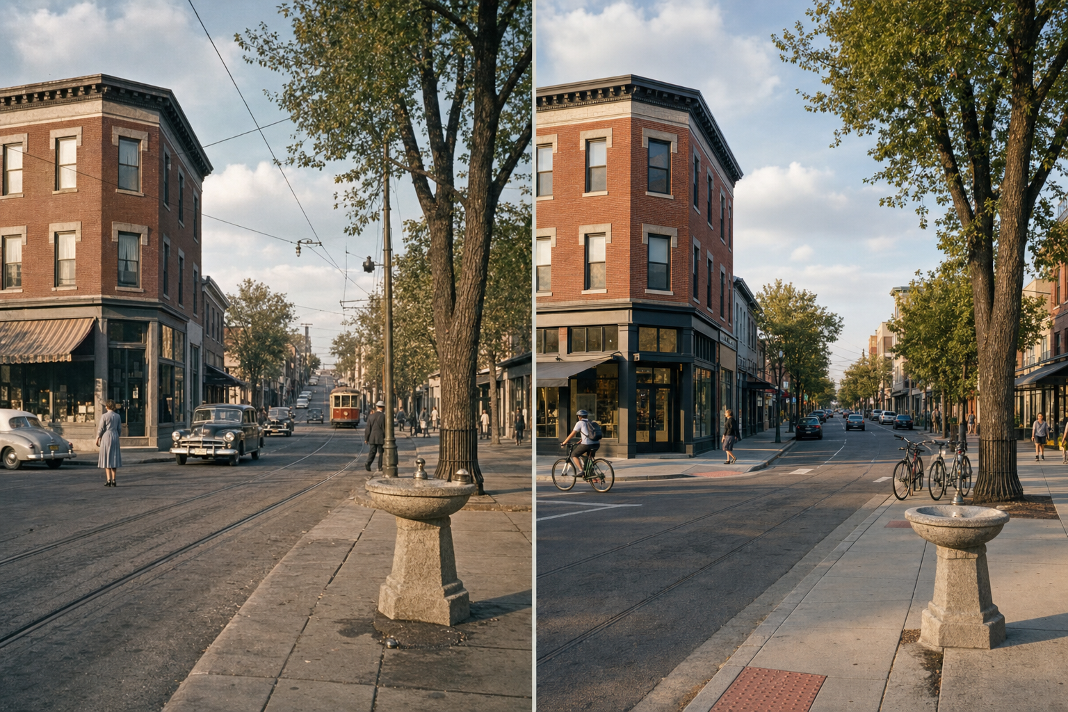 Old street and modern streetscape then and now comparison