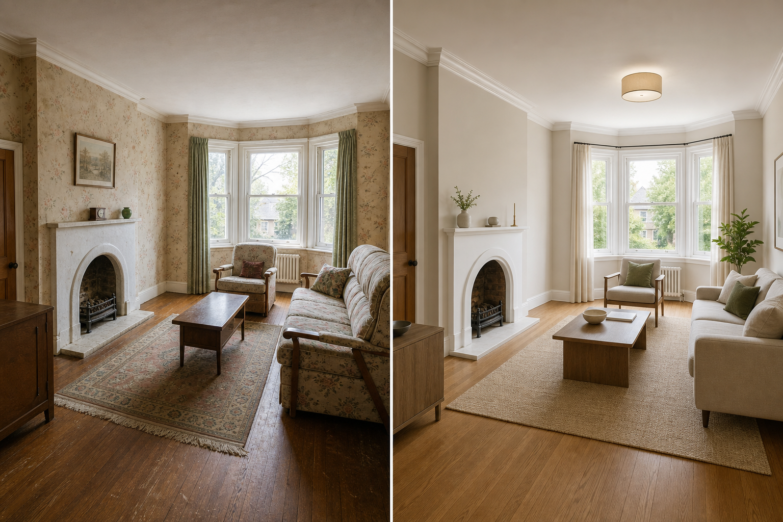 Old house interior and renovated room then and now photo