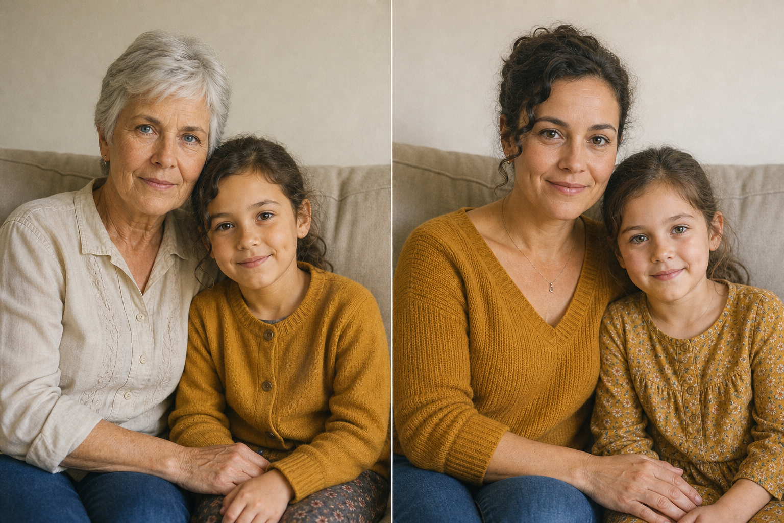 Two generations re-create the same family portrait pose