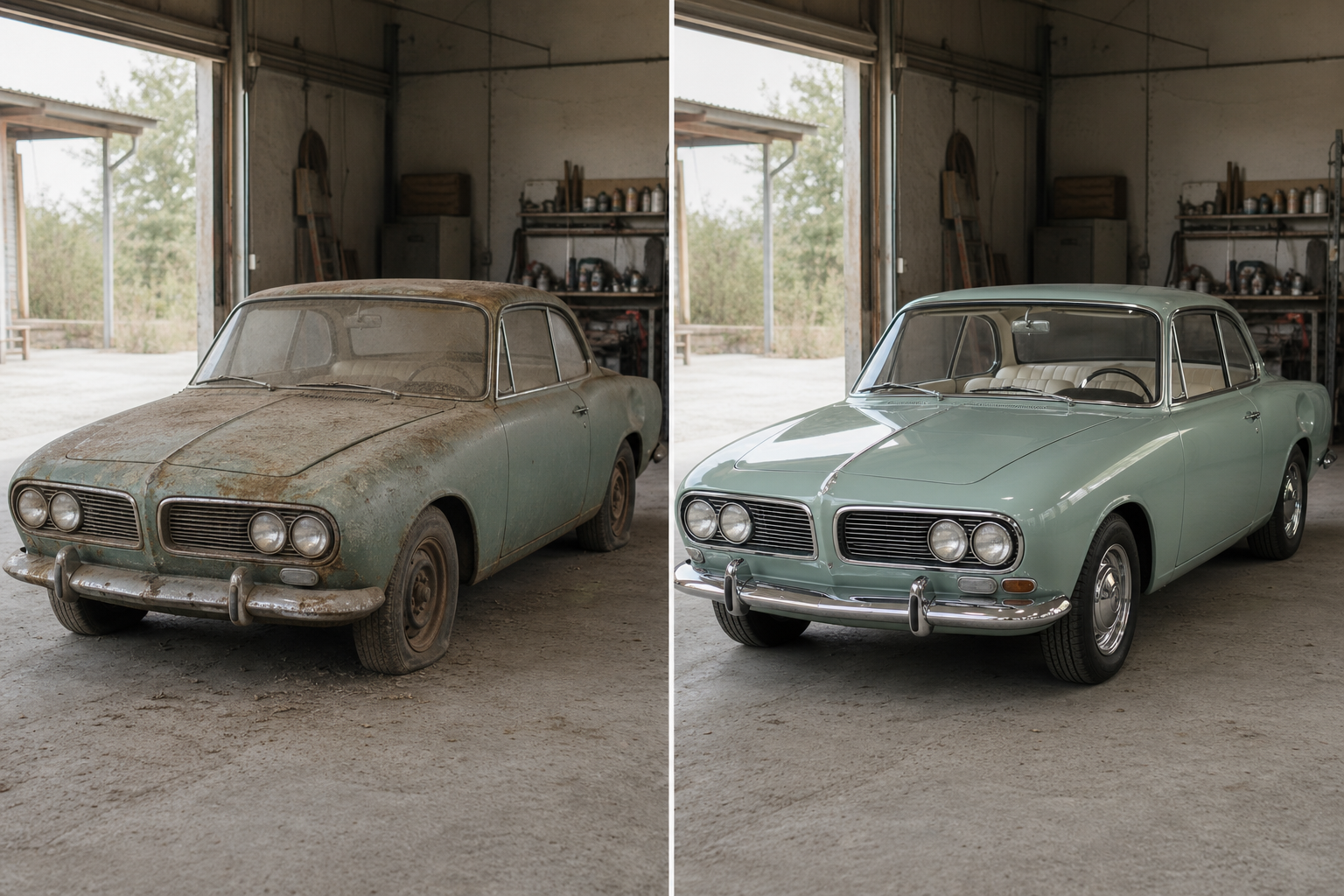 Vintage car before and after restoration then and now photo