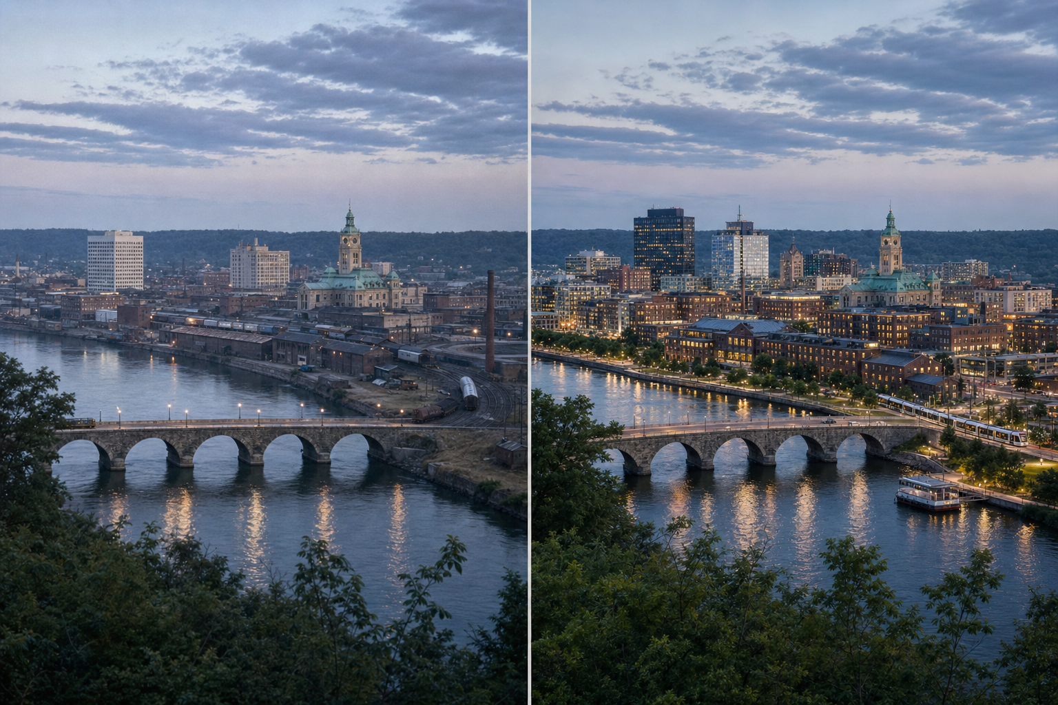 Fictional city skyline then and now across five decades