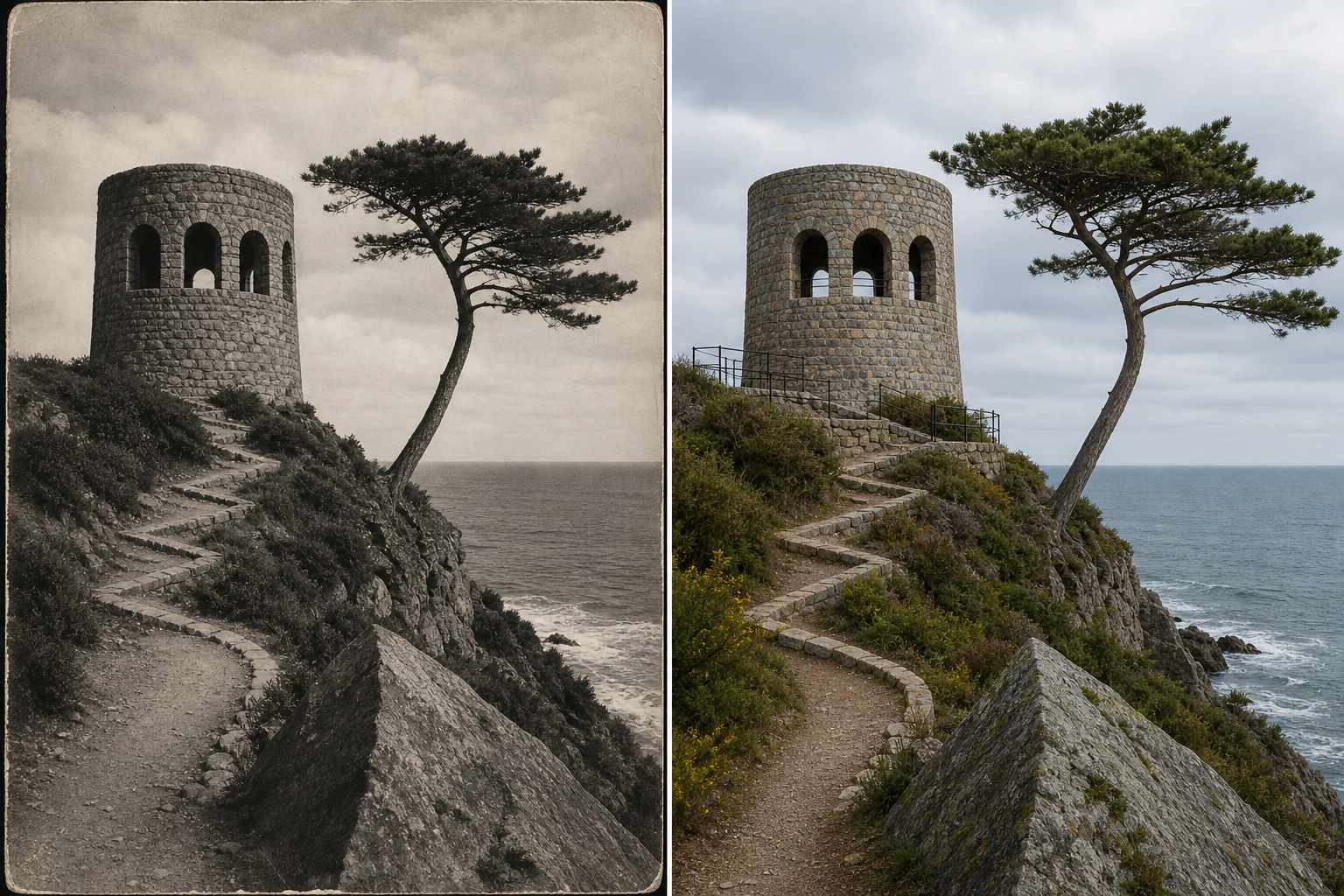 Travel landmark old photo re-created from the same viewpoint