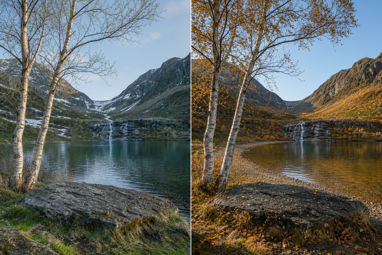 Same mountain lake in spring and autumn then and now photo
