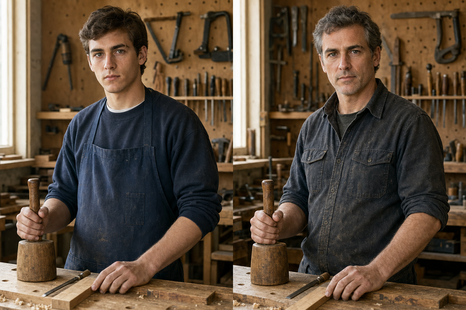 Career first day and present day furniture maker portrait