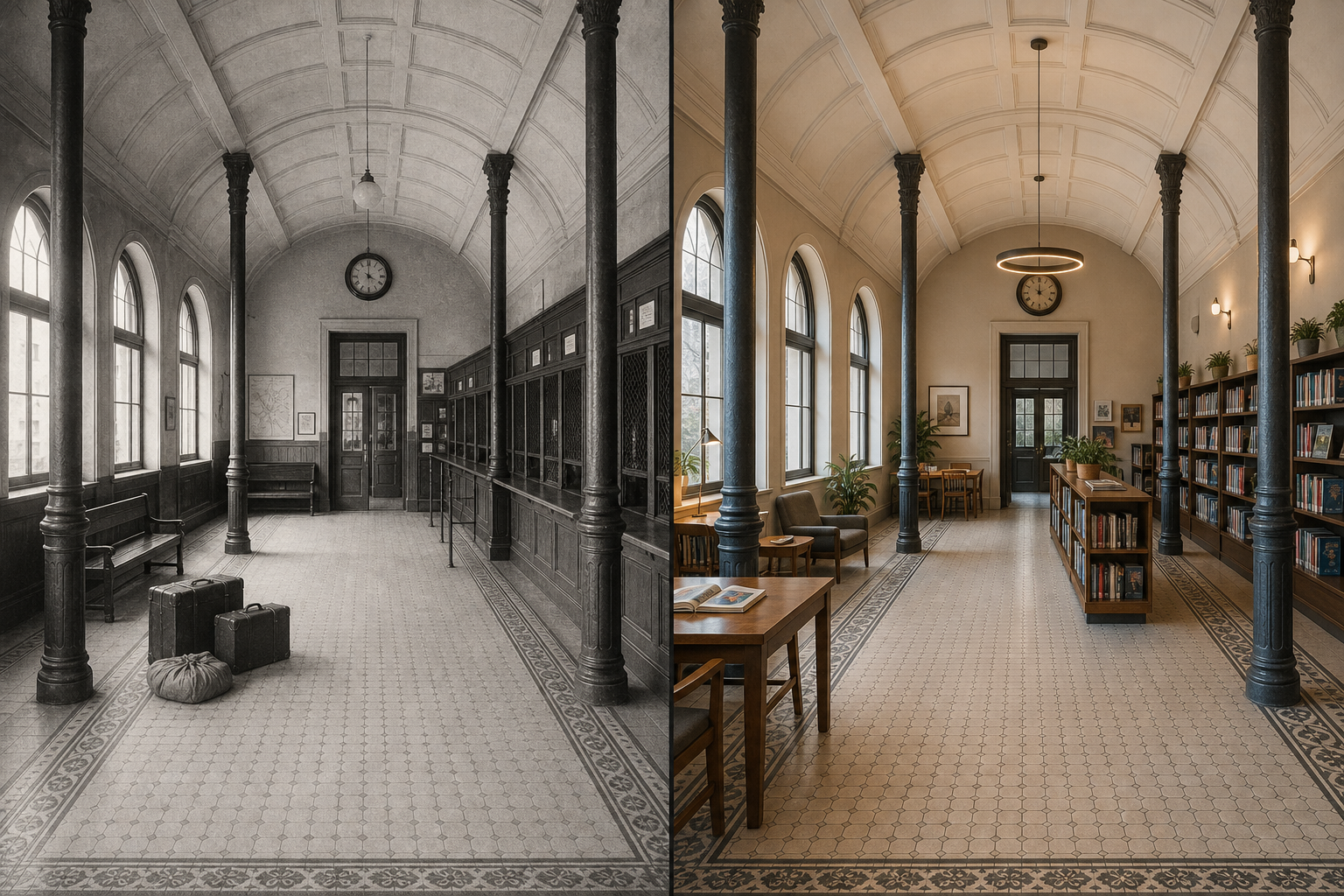 Historic ticket hall and modern community reading room