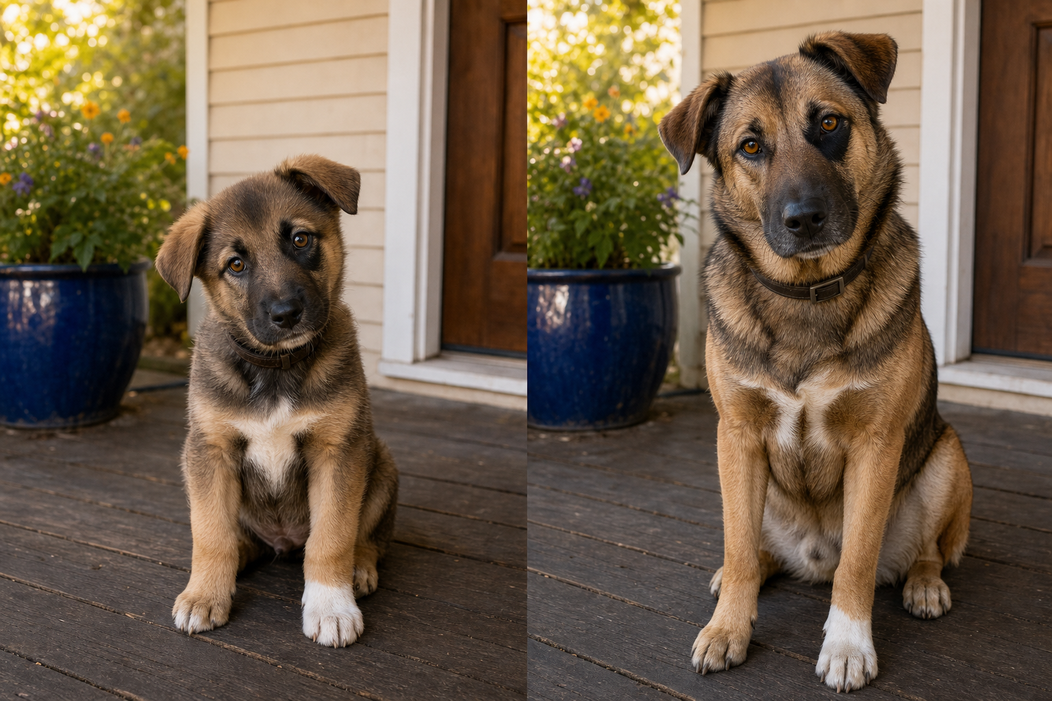 Puppy and adult dog then and now photo on the same porch