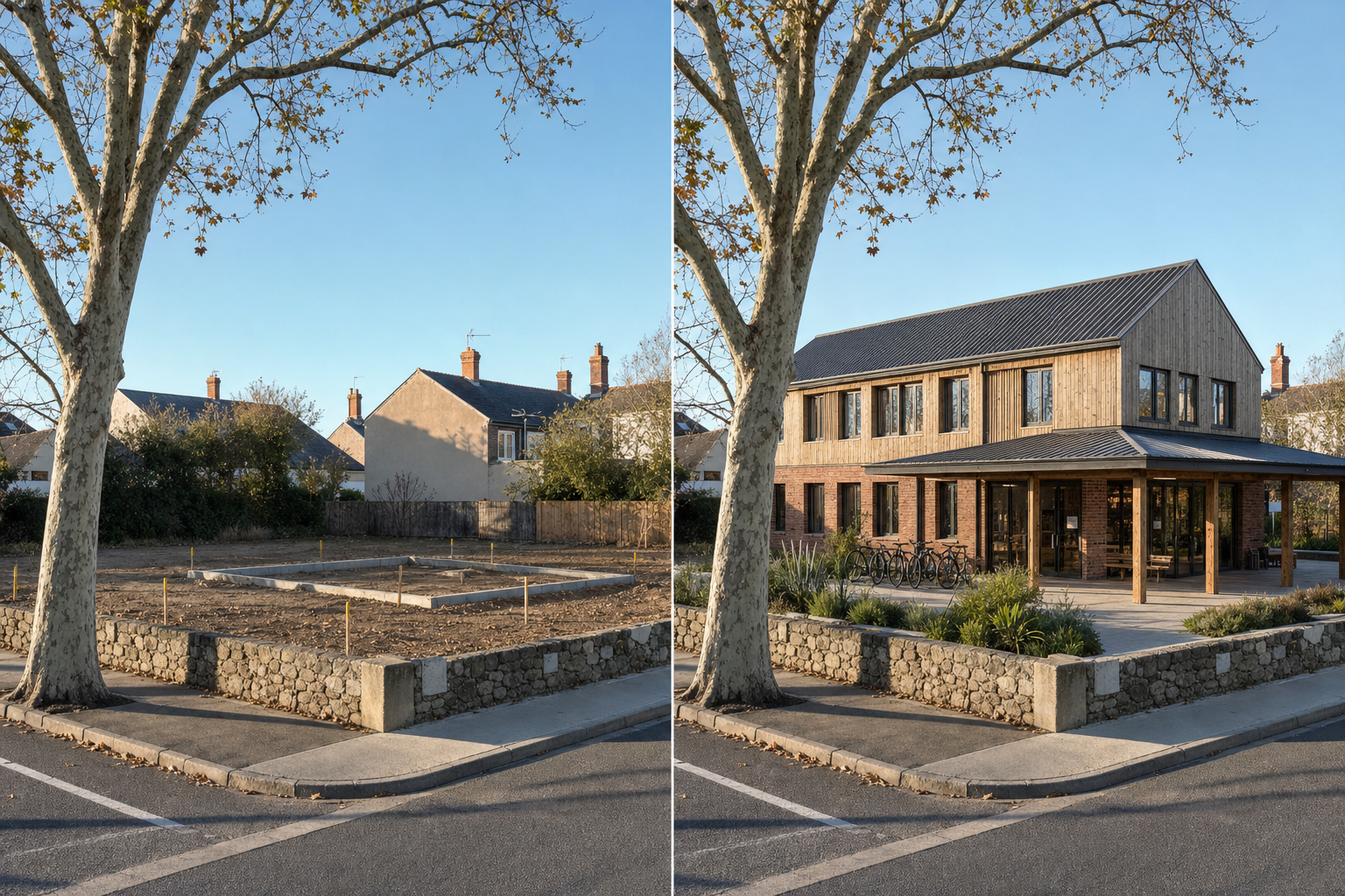 Construction site and completed community building comparison